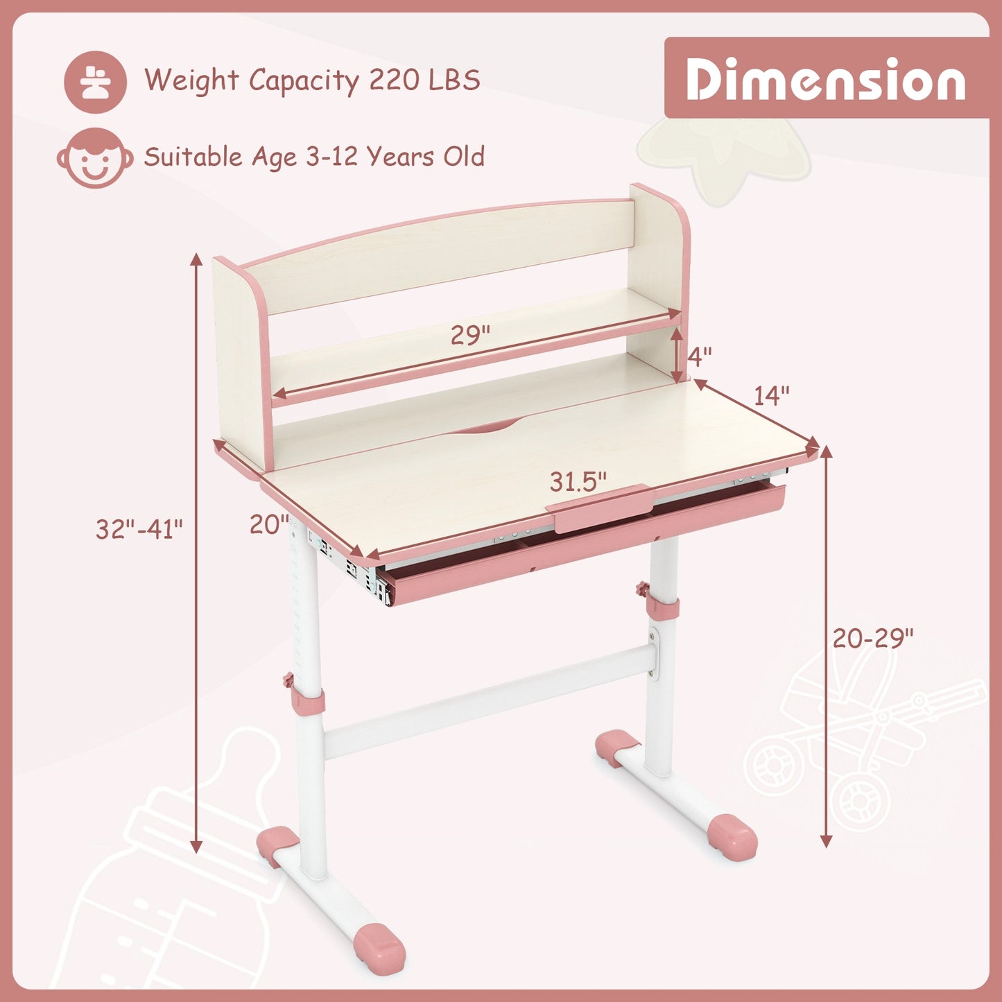 Height Adjustable Kids Study Desk with Tilt Desktop-Pink Kids Crystal