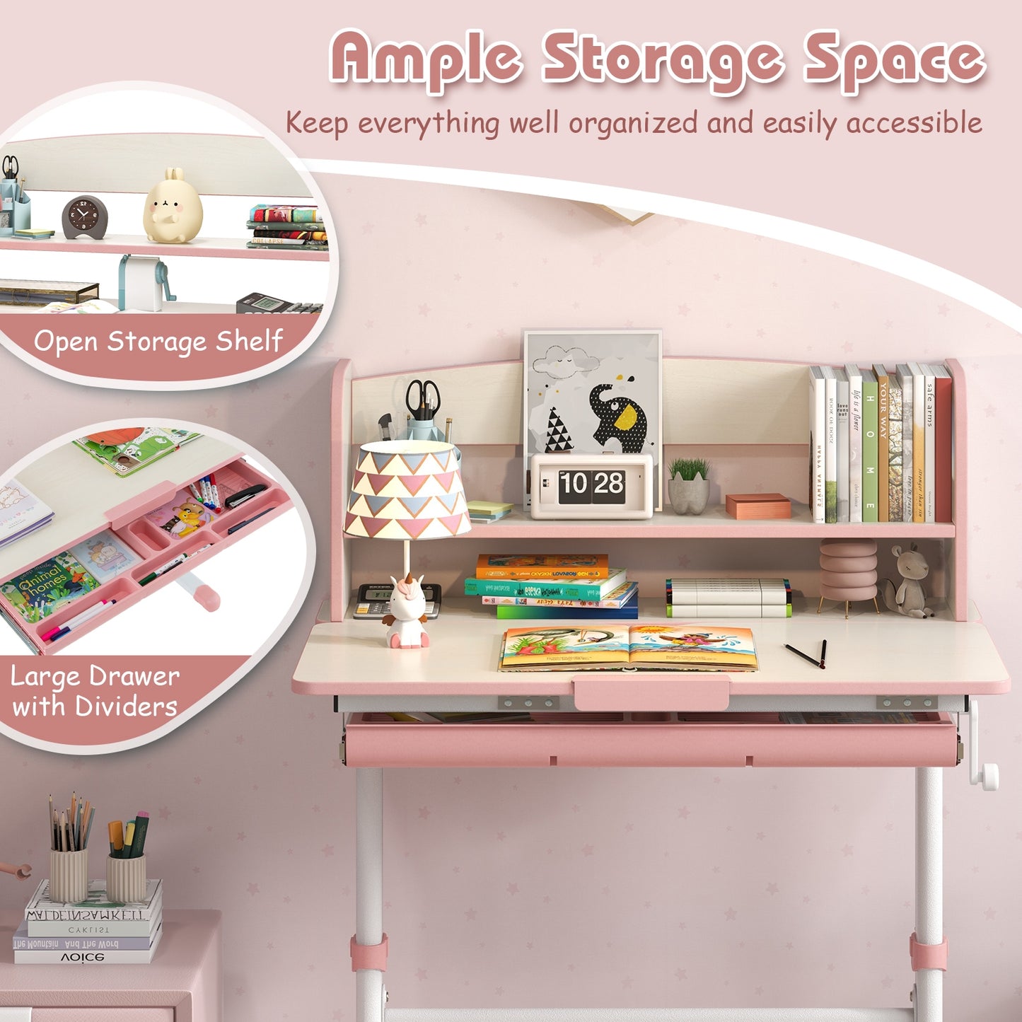 Height Adjustable Kids Study Desk with Tilt Desktop-Pink Kids Crystal