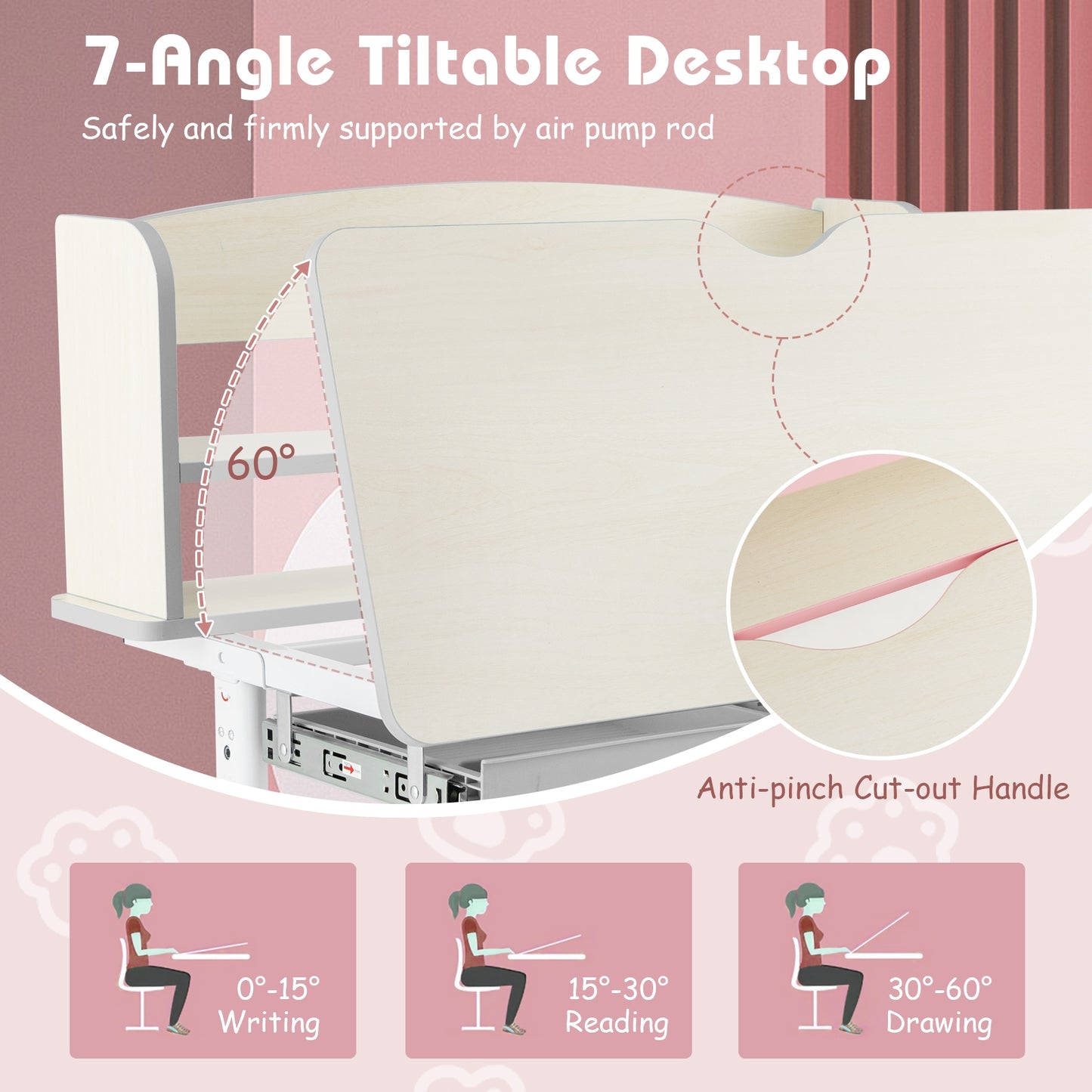 Height Adjustable Kids Study Desk with Tilt Desktop-Pink Kids Crystal