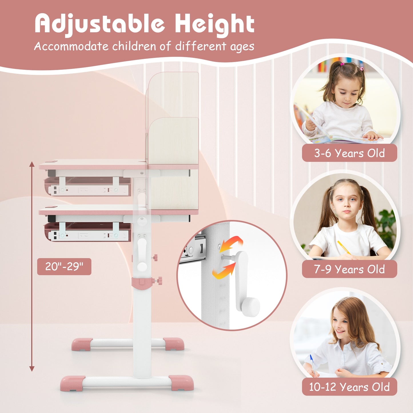 Height Adjustable Kids Study Desk with Tilt Desktop-Pink Kids Crystal