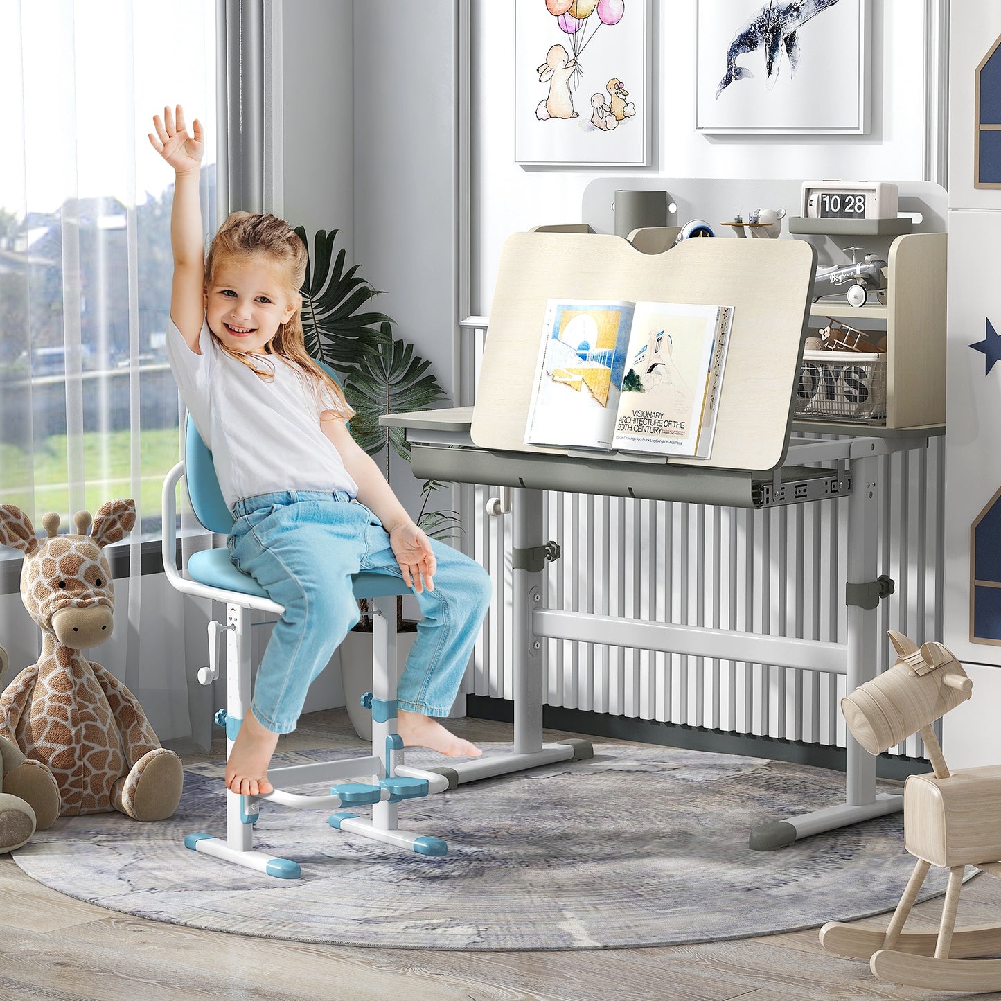 Height Adjustable Kids Study Desk with Tilt Desktop for 3-12 Years Old-Gray Kids Crystal