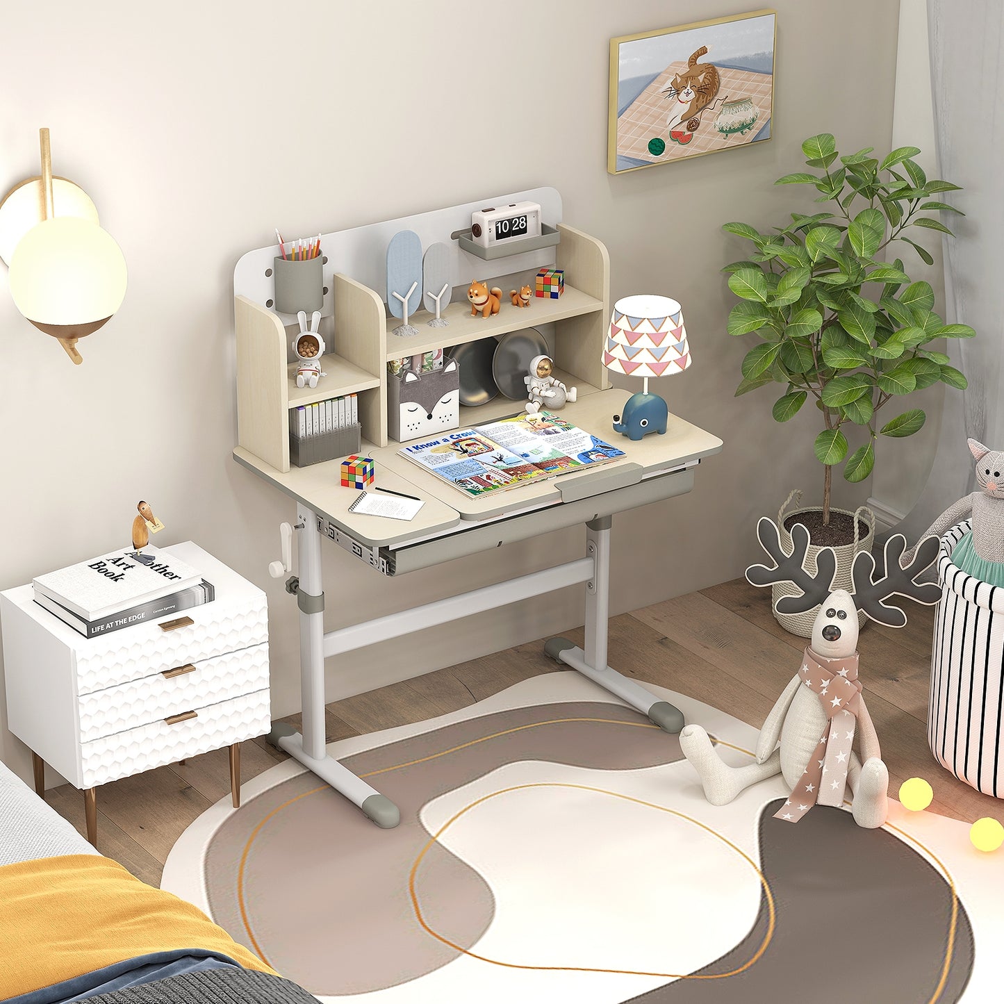 Height Adjustable Kids Study Desk with Tilt Desktop for 3-12 Years Old-Gray Kids Crystal