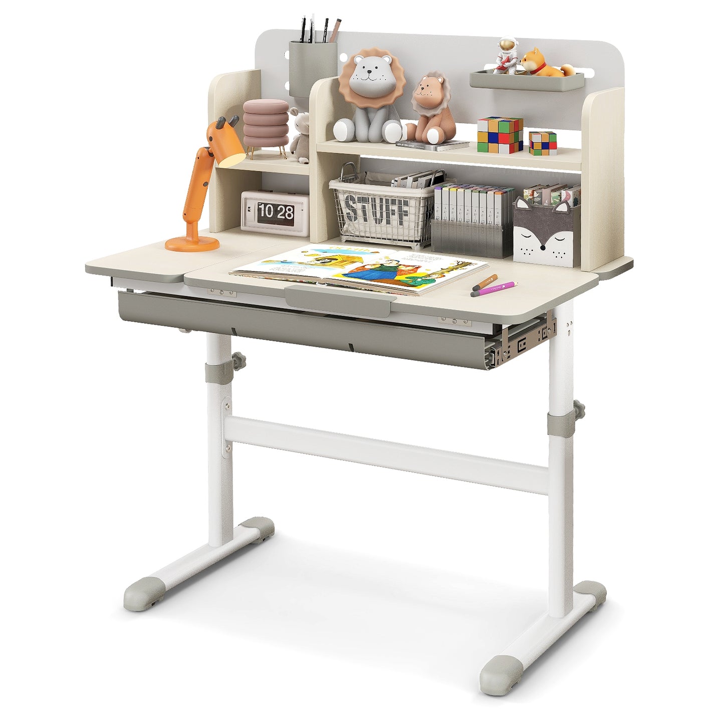 Height Adjustable Kids Study Desk with Tilt Desktop for 3-12 Years Old-Gray Kids Crystal