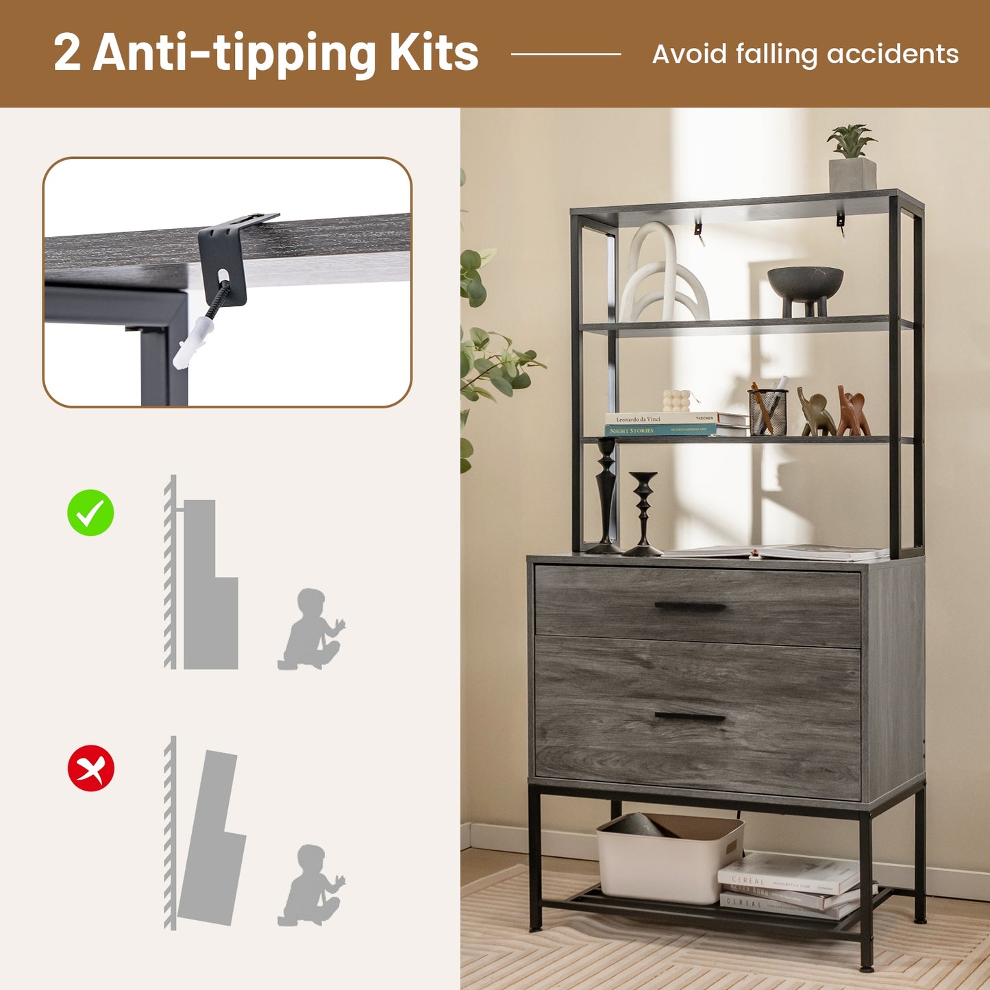 Freestanding File Cabinet with Charging Station and 3-Tier Open Shelves-Gray Kids Crystal