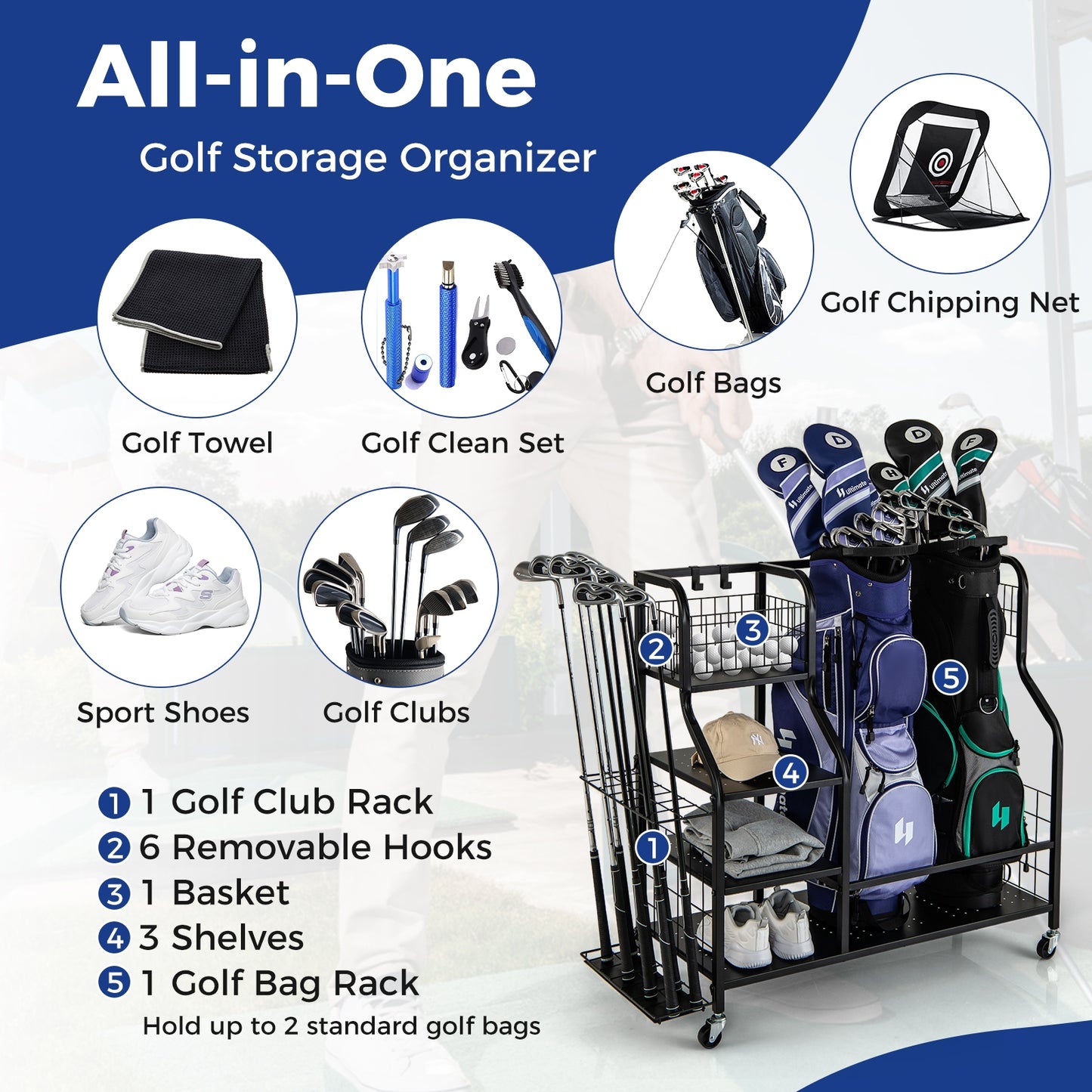 Golf Bag Organizer for 2 Golf Bags with Golf Clubs Rack and Lockable Wheels-Black Kids Crystal