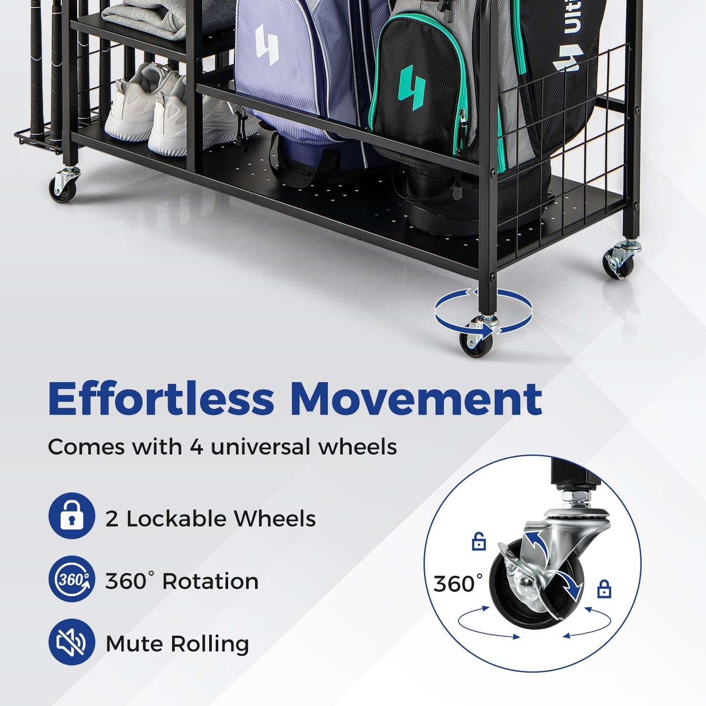 Golf Bag Organizer for 2 Golf Bags with Golf Clubs Rack and Lockable Wheels-Black Kids Crystal