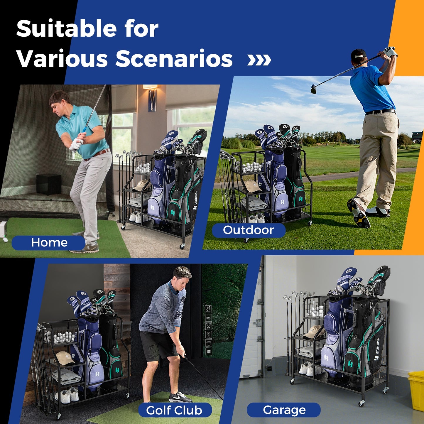Golf Bag Organizer for 2 Golf Bags with Golf Clubs Rack and Lockable Wheels-Black Kids Crystal