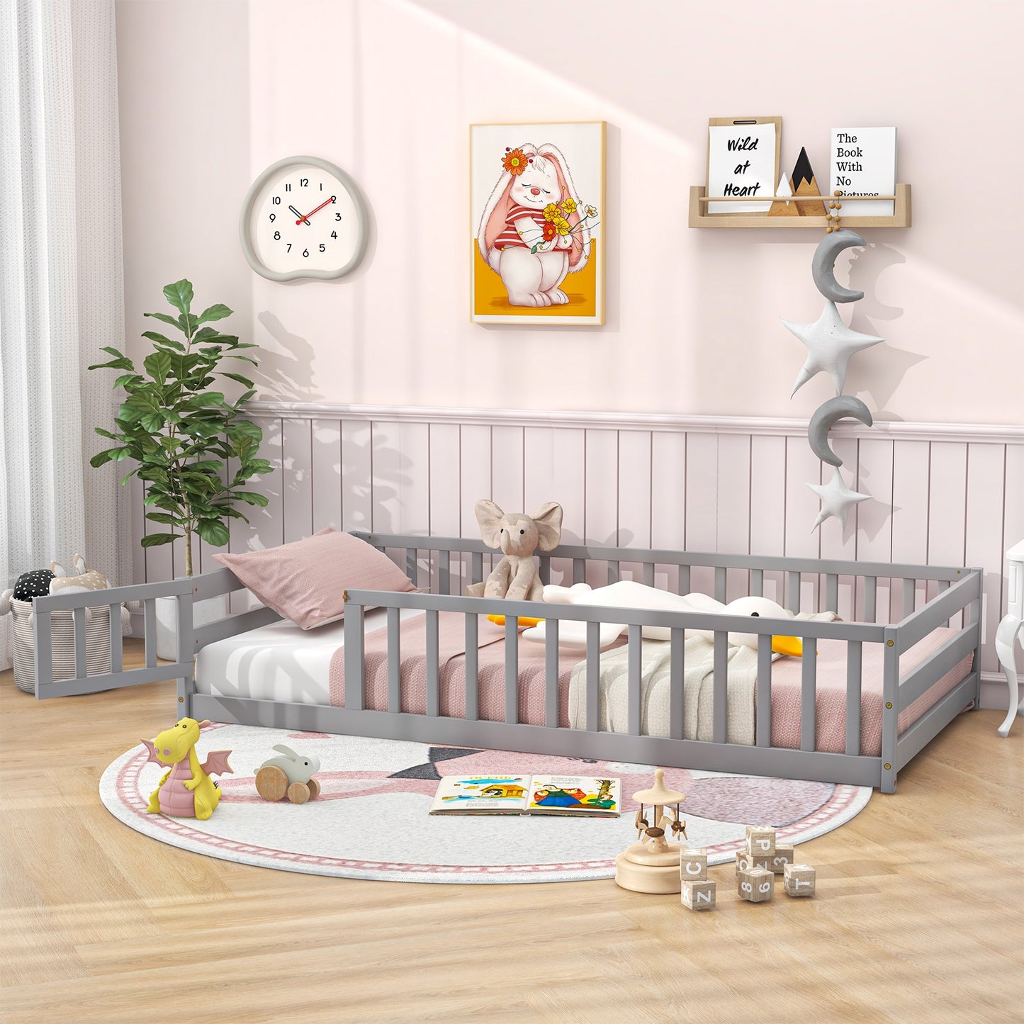 Twin Size Kids Wood Montessori Floor Bed with Door and Fence-Gray Kids Crystal