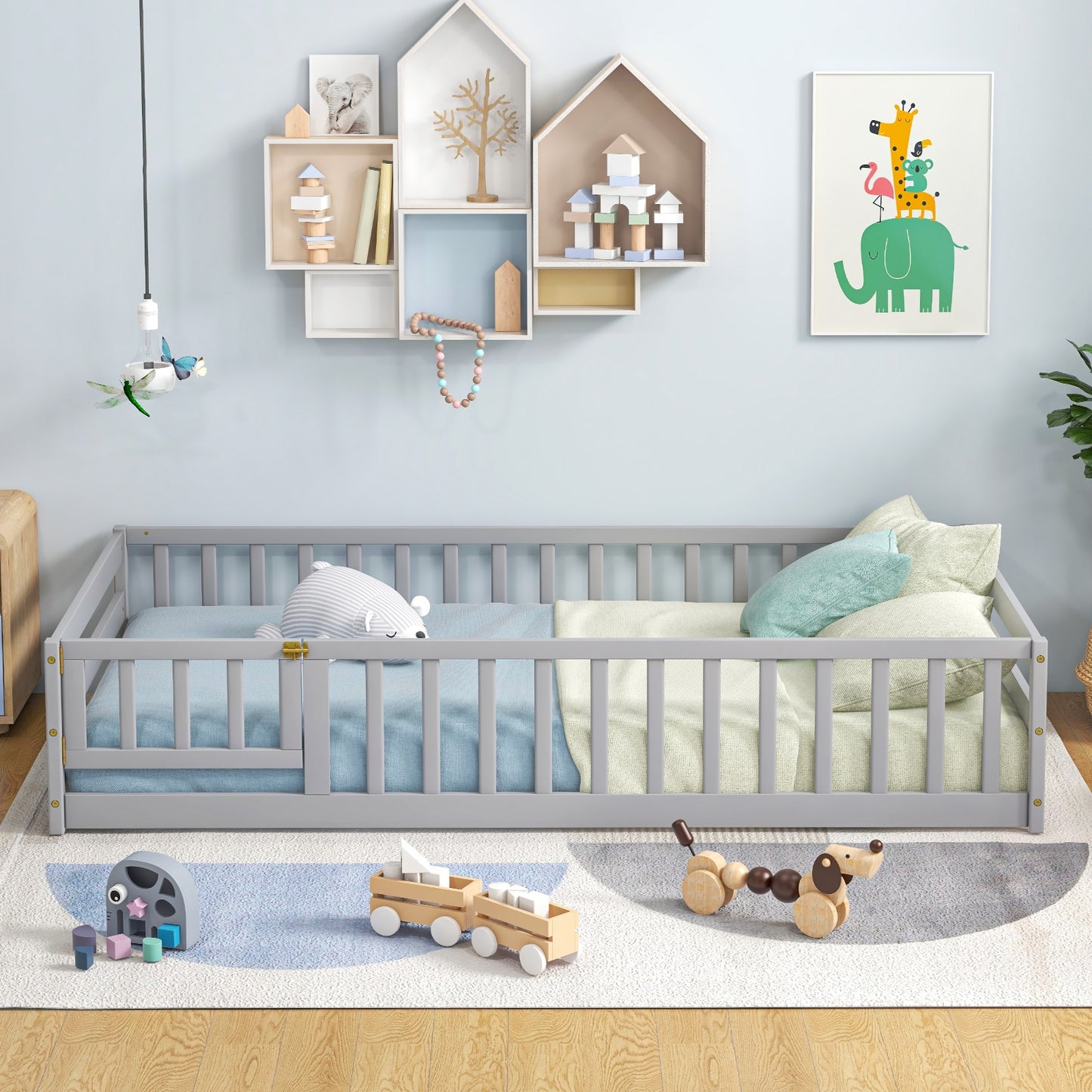 Twin Size Kids Wood Montessori Floor Bed with Door and Fence-Gray Kids Crystal