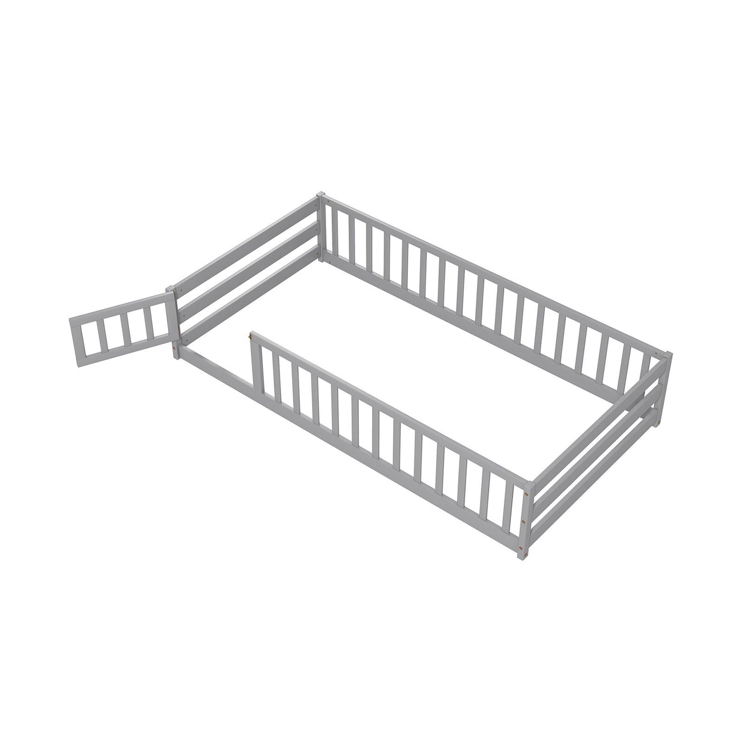 Twin Size Kids Wood Montessori Floor Bed with Door and Fence-Gray Kids Crystal