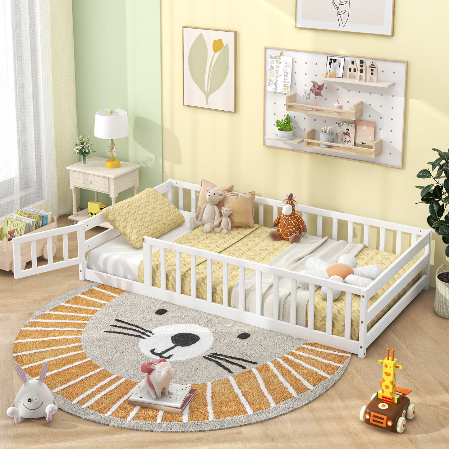 Twin Size Kids Wood Montessori Floor Bed with Door and Fence-White Kids Crystal