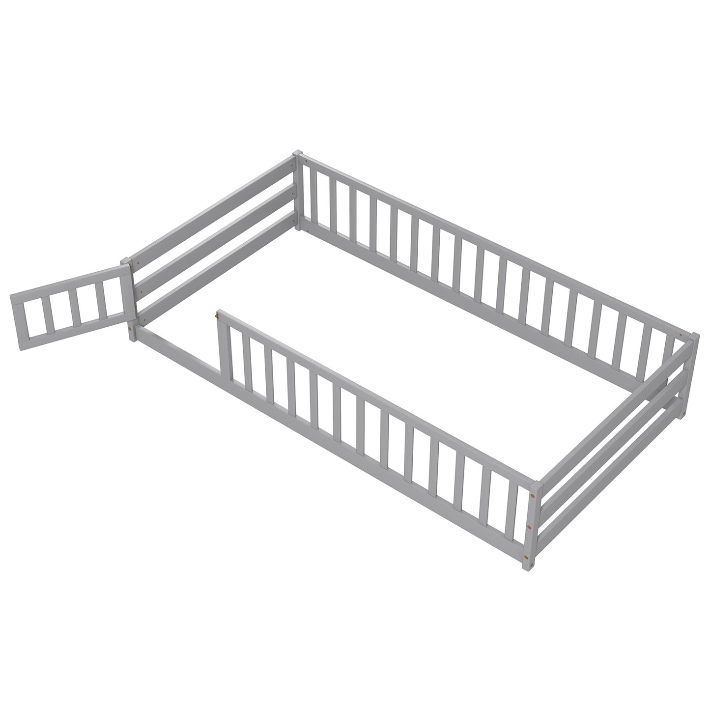 Twin Size Kids Wood Montessori Floor Bed with Door and Fence-Gray Kids Crystal