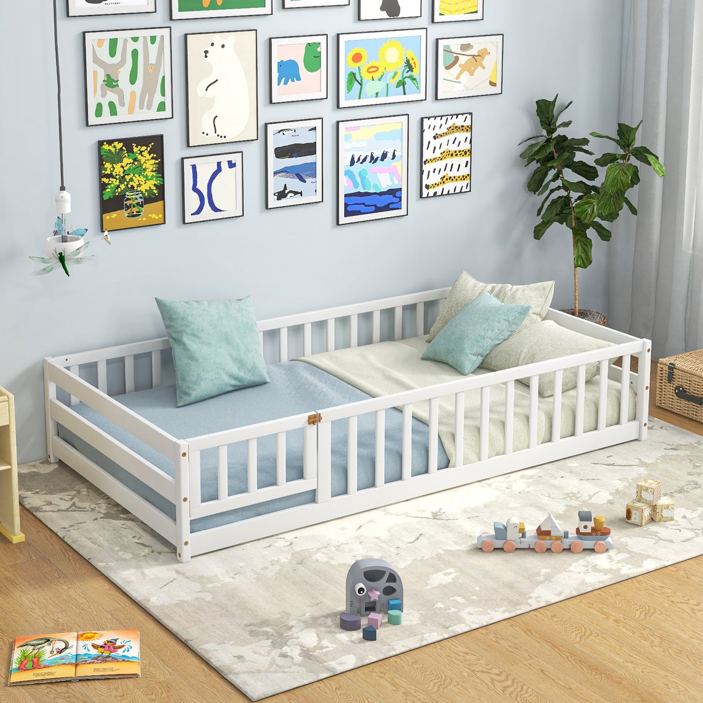Twin Size Kids Wood Montessori Floor Bed with Door and Fence-White Kids Crystal