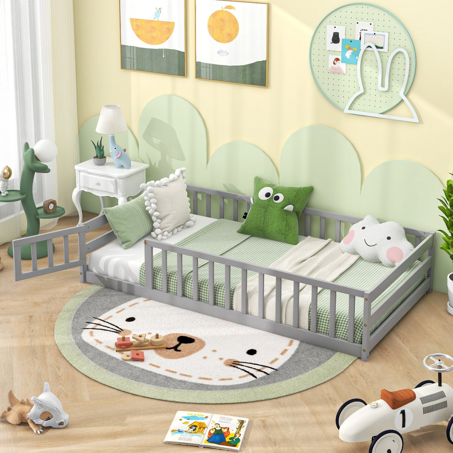 Twin Size Kids Wood Montessori Floor Bed with Door and Fence-Gray Kids Crystal
