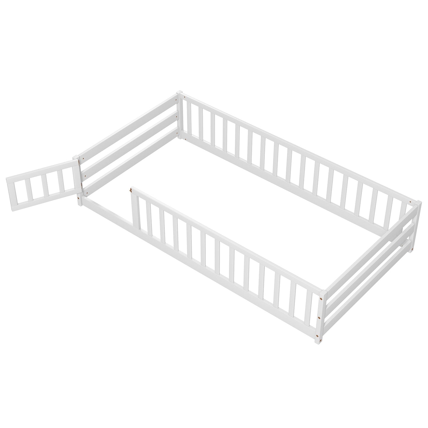 Twin Size Kids Wood Montessori Floor Bed with Door and Fence-White Kids Crystal