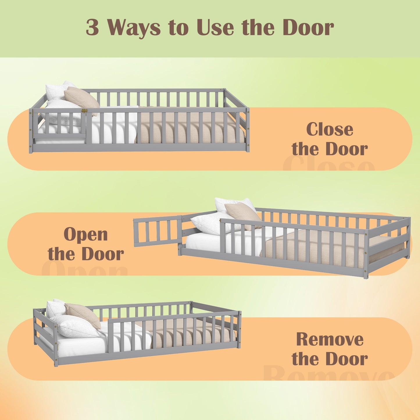 Twin Size Kids Wood Montessori Floor Bed with Door and Fence-Gray Kids Crystal