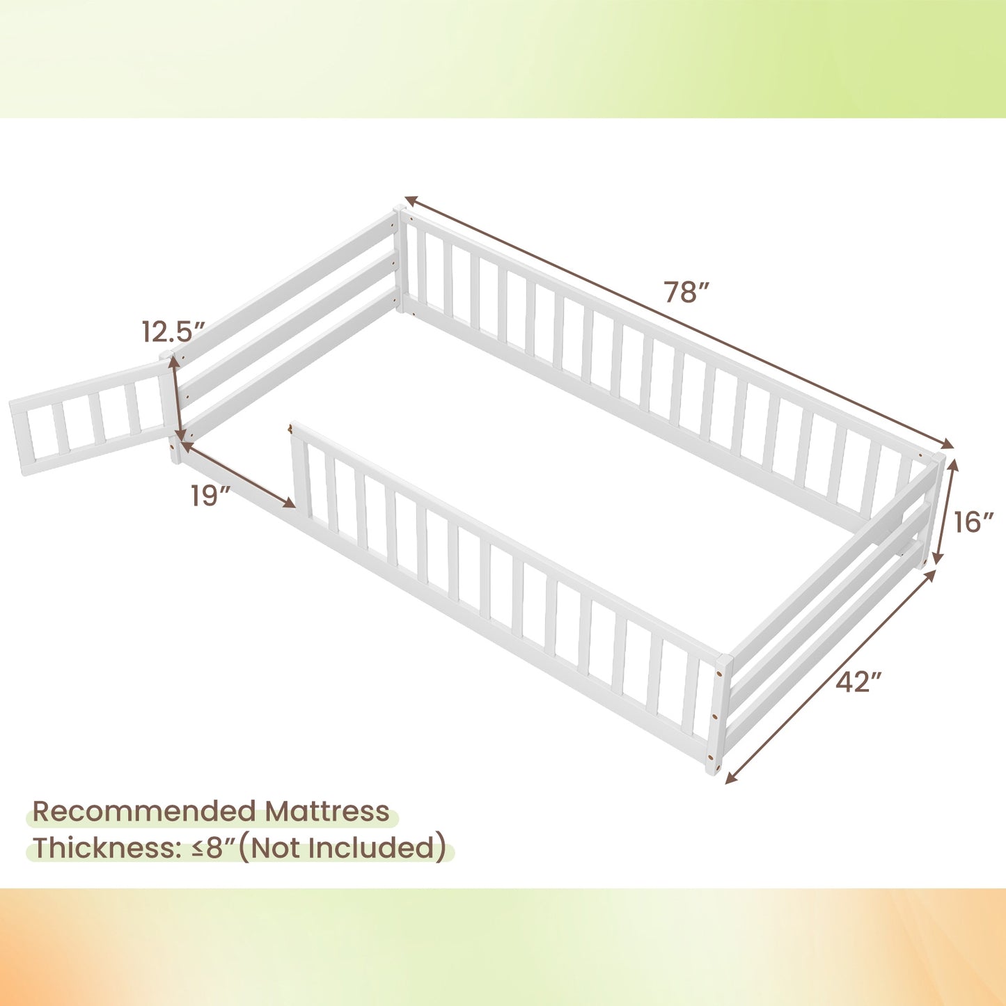 Twin Size Kids Wood Montessori Floor Bed with Door and Fence-White Kids Crystal
