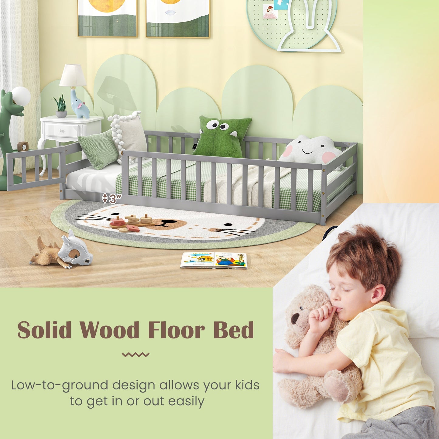 Twin Size Kids Wood Montessori Floor Bed with Door and Fence-Gray Kids Crystal