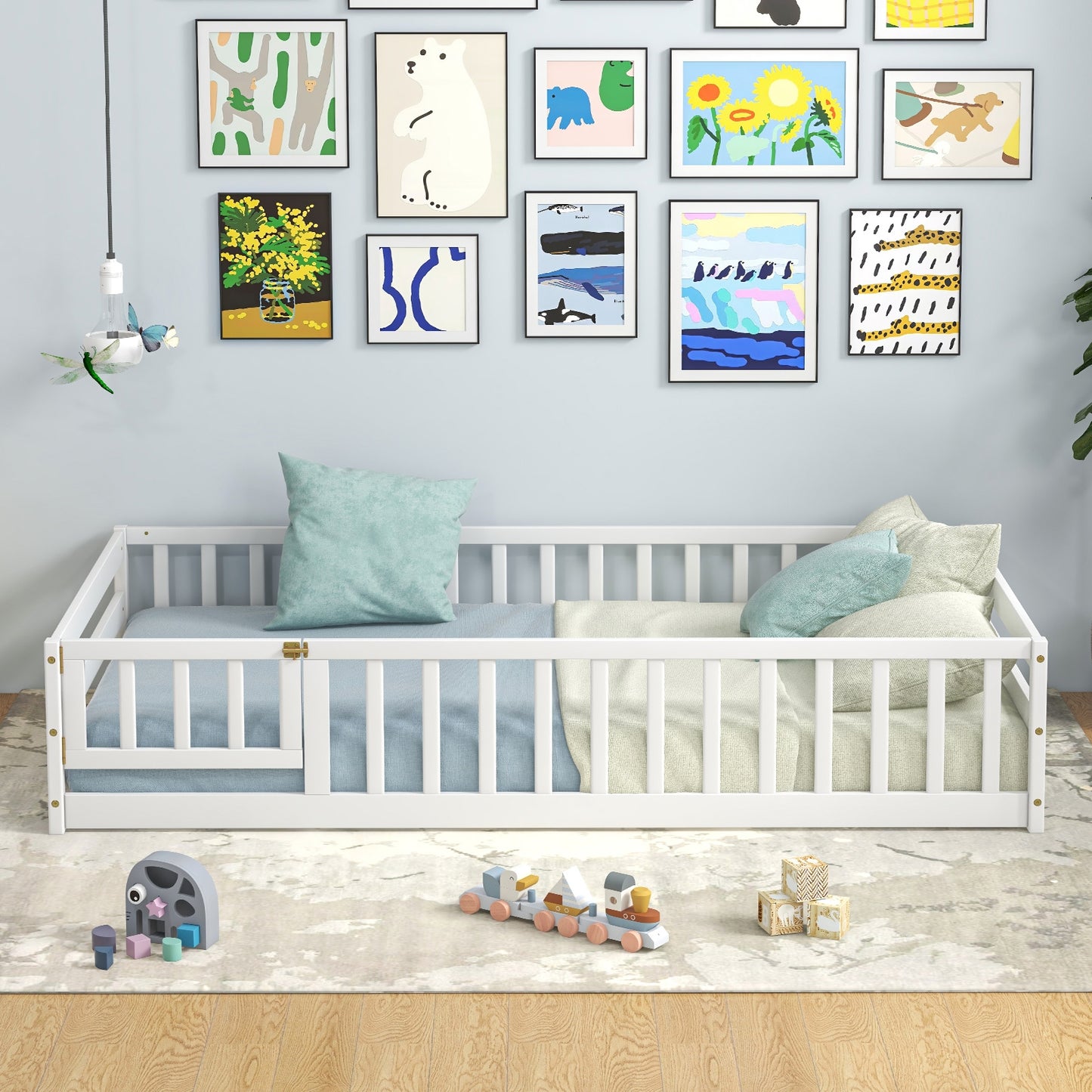 Twin Size Kids Wood Montessori Floor Bed with Door and Fence-White Kids Crystal
