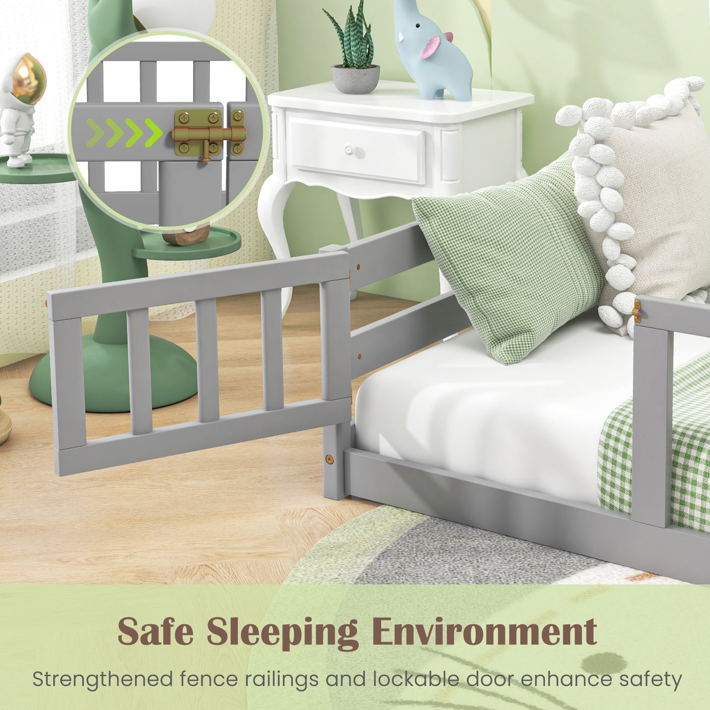 Twin Size Kids Wood Montessori Floor Bed with Door and Fence-Gray Kids Crystal