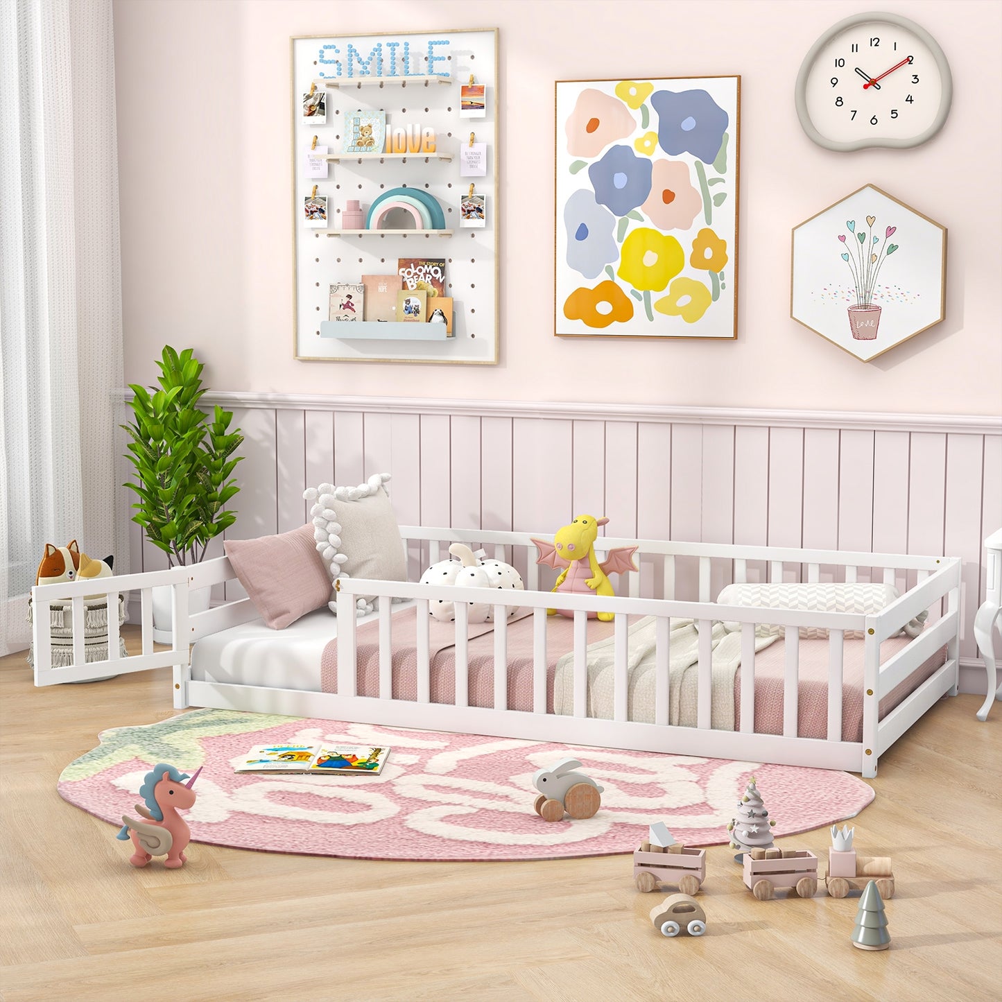 Twin Size Kids Wood Montessori Floor Bed with Door and Fence-White Kids Crystal
