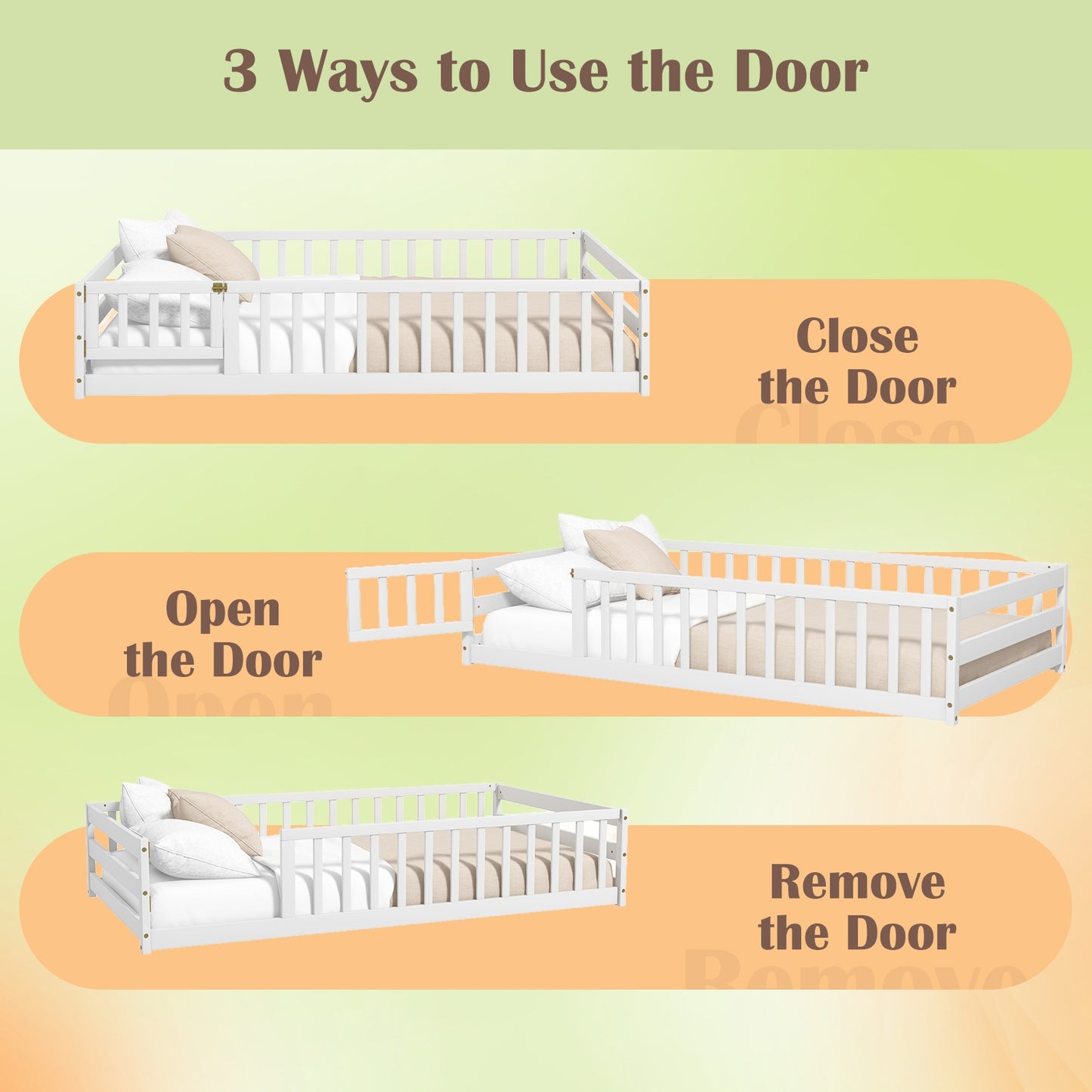 Twin Size Kids Wood Montessori Floor Bed with Door and Fence-White Kids Crystal