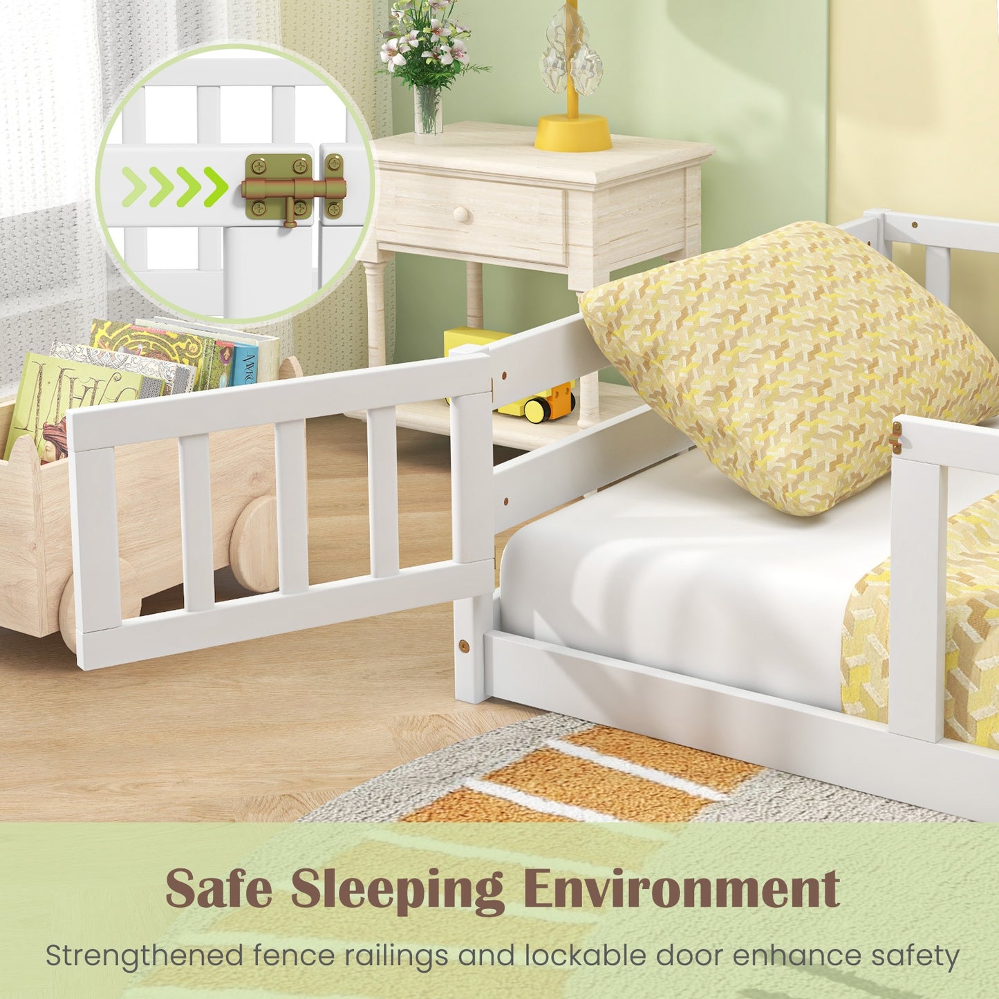 Twin Size Kids Wood Montessori Floor Bed with Door and Fence-White Kids Crystal