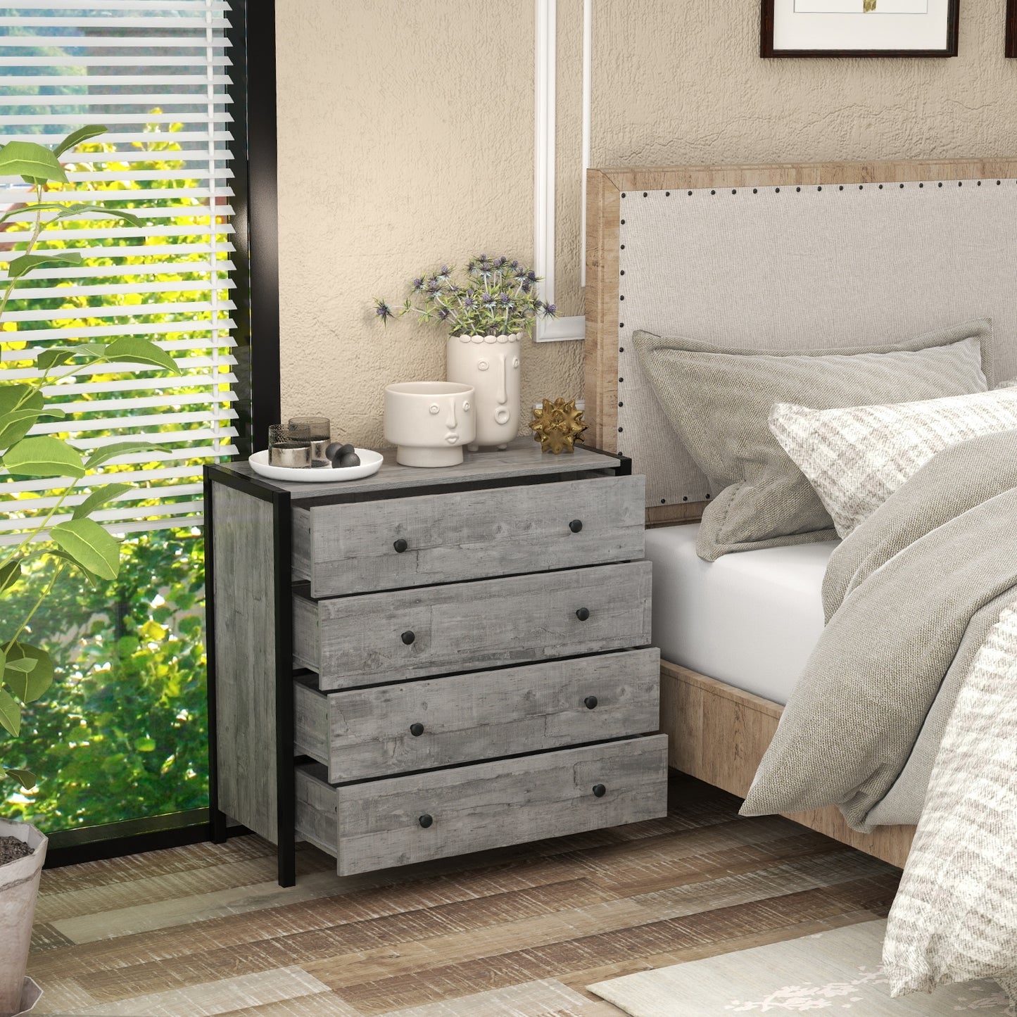 4-Drawer Dresser Modern Wooden Chest of Drawers for Bedroom Living Room-Gray Kids Crystal