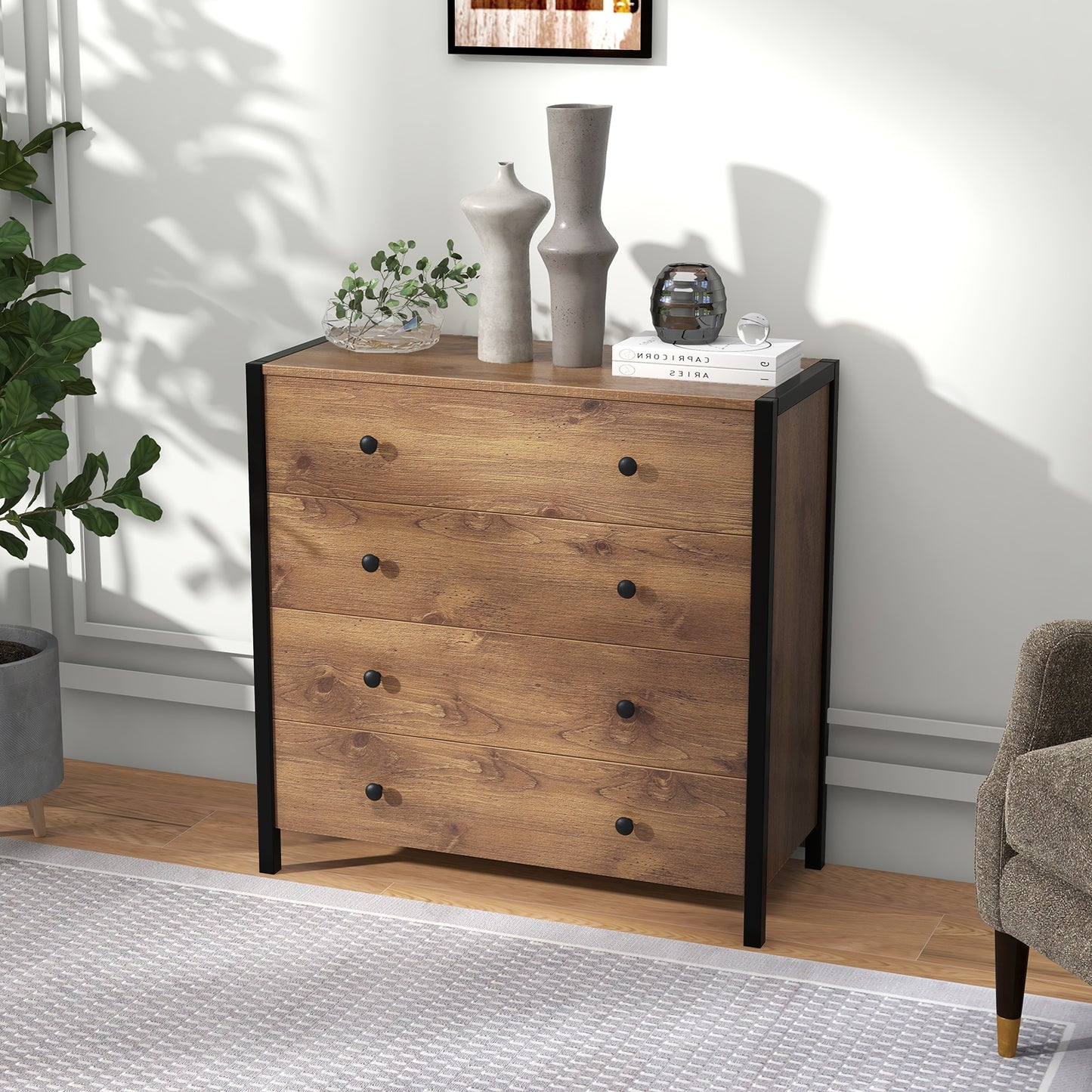 4-Drawer Dresser Modern Wooden Chest of Drawers for Bedroom Living Room-Oak Kids Crystal