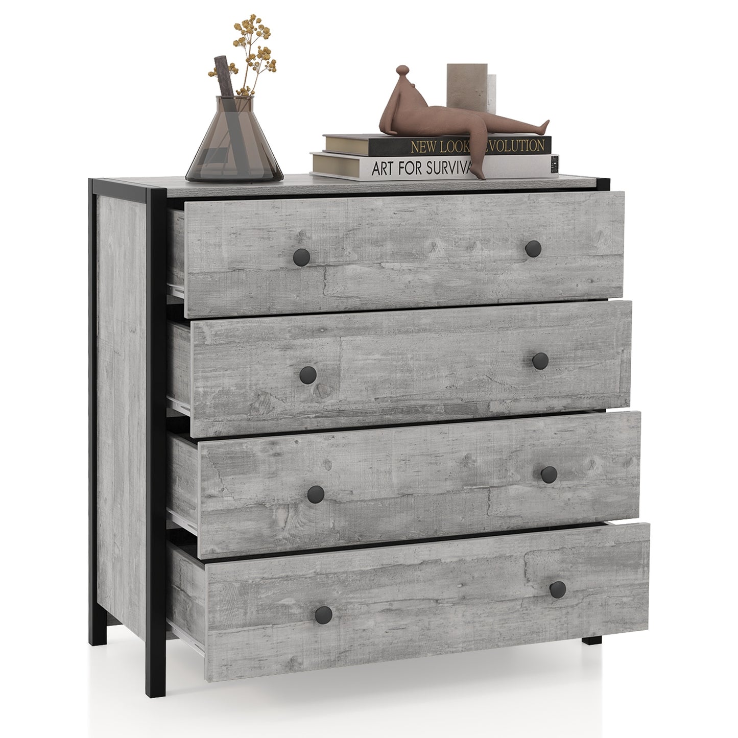 4-Drawer Dresser Modern Wooden Chest of Drawers for Bedroom Living Room-Gray Kids Crystal