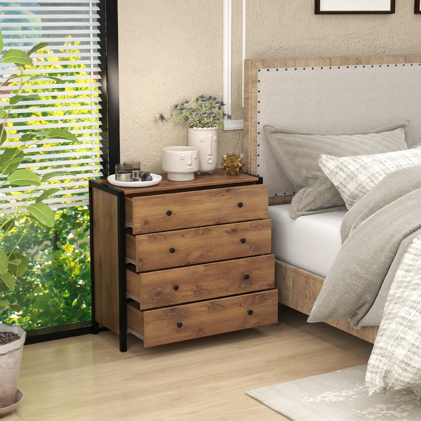4-Drawer Dresser Modern Wooden Chest of Drawers for Bedroom Living Room-Oak Kids Crystal