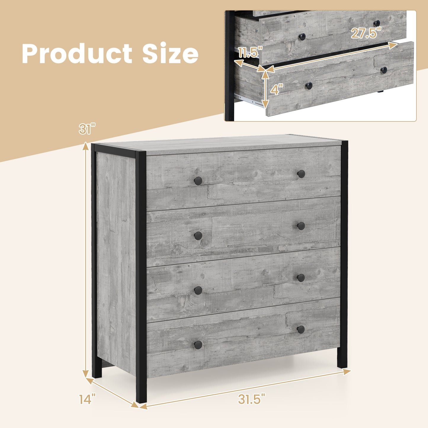 4-Drawer Dresser Modern Wooden Chest of Drawers for Bedroom Living Room-Gray Kids Crystal