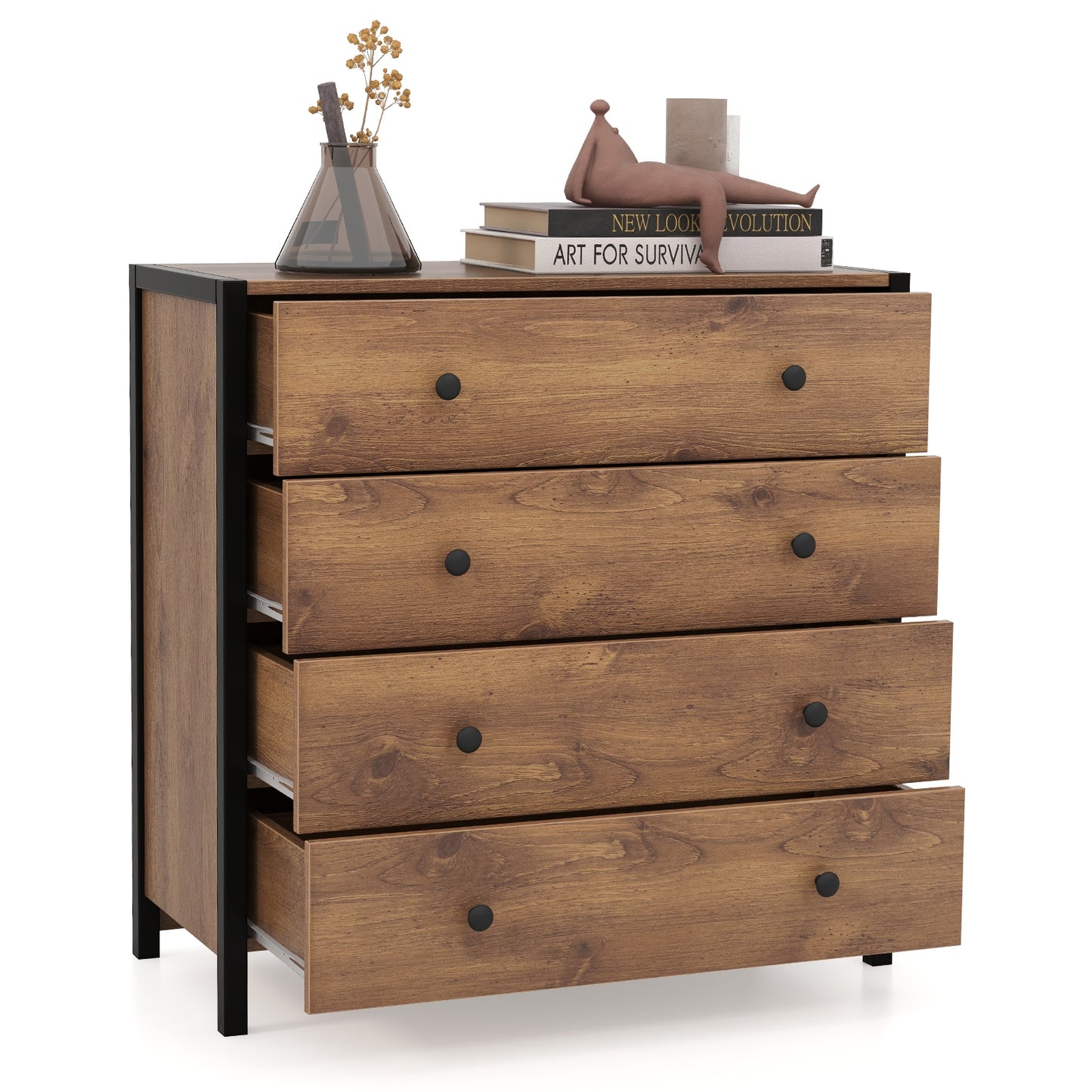 4-Drawer Dresser Modern Wooden Chest of Drawers for Bedroom Living Room-Oak Kids Crystal