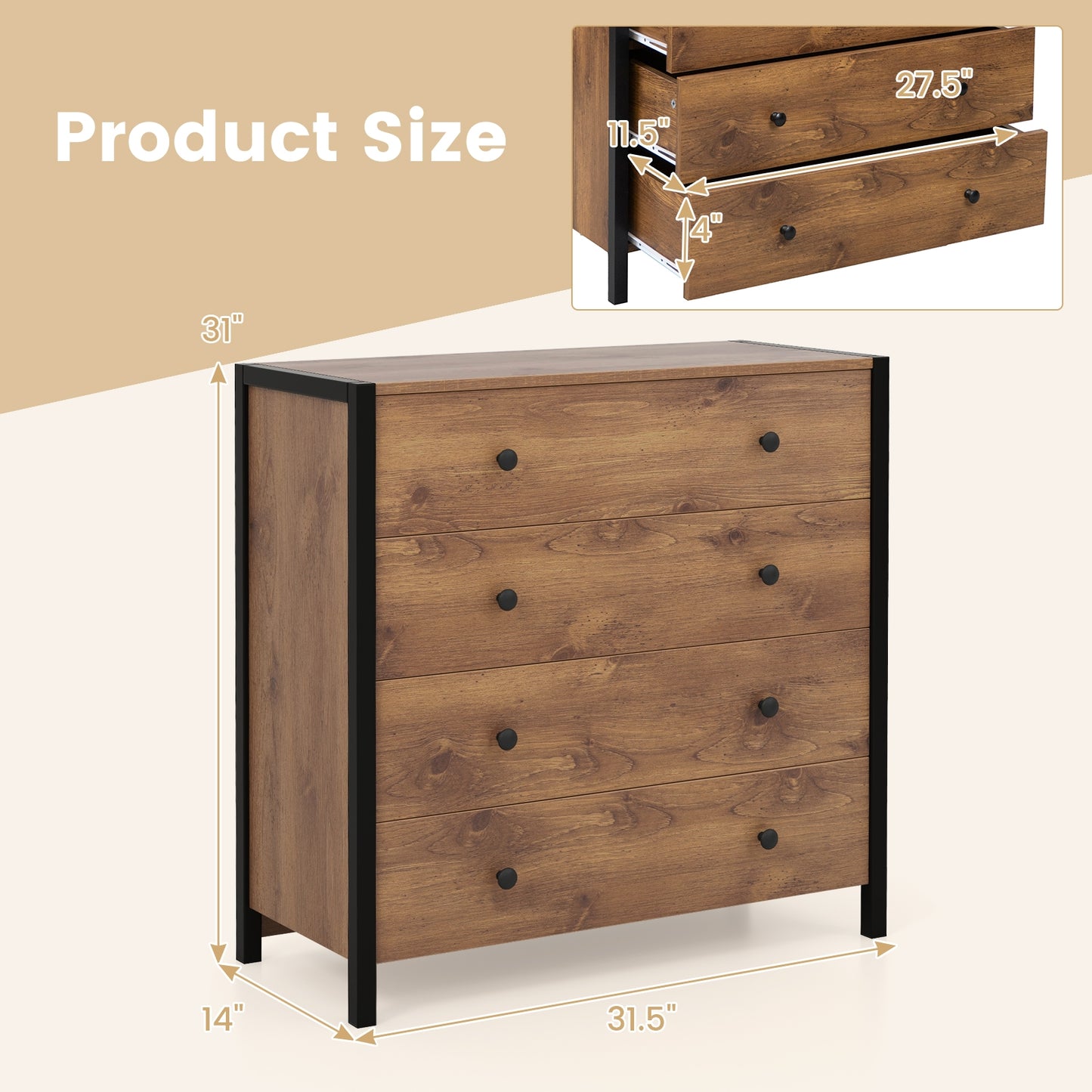 4-Drawer Dresser Modern Wooden Chest of Drawers for Bedroom Living Room-Oak Kids Crystal