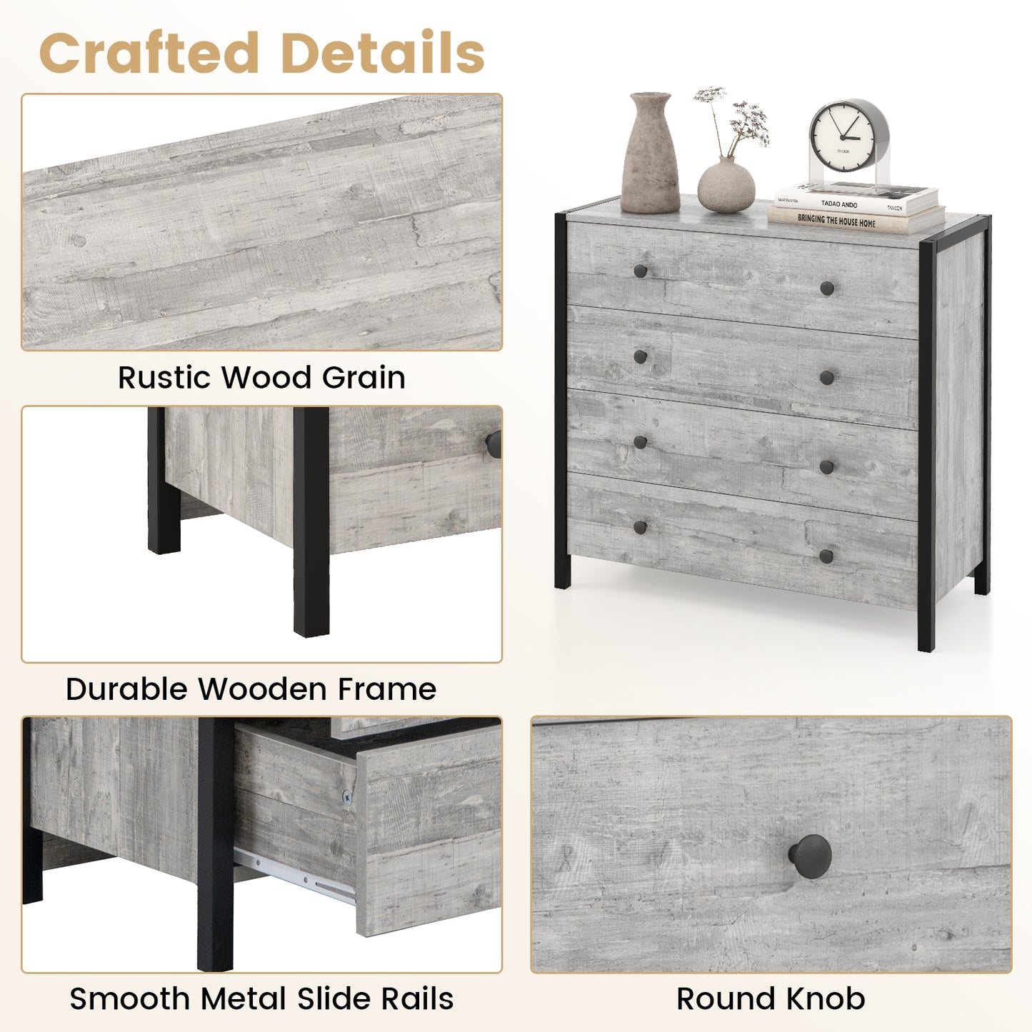 4-Drawer Dresser Modern Wooden Chest of Drawers for Bedroom Living Room-Gray Kids Crystal