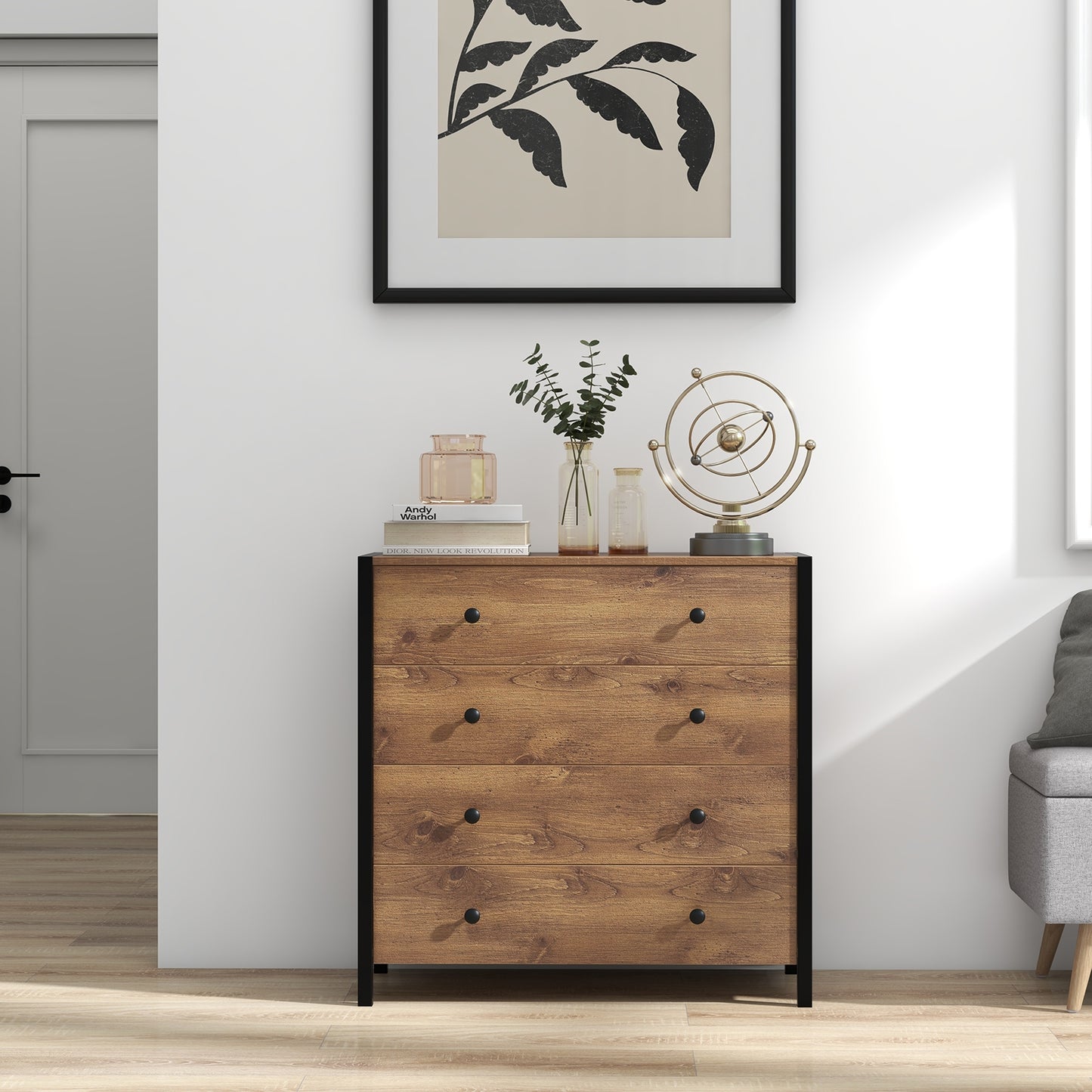 4-Drawer Dresser Modern Wooden Chest of Drawers for Bedroom Living Room-Oak Kids Crystal