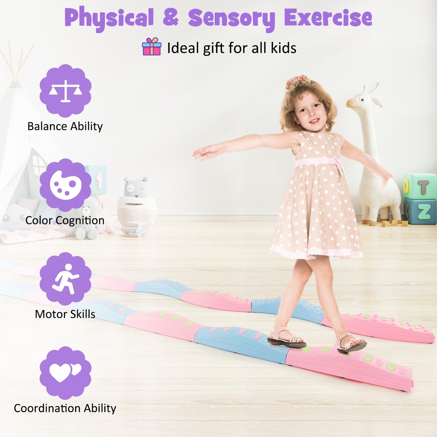 Colorful Kids Wavy Balance Beam with Textured Surface and Non-slip Foot Pads-Blue and Pink Kids Crystal