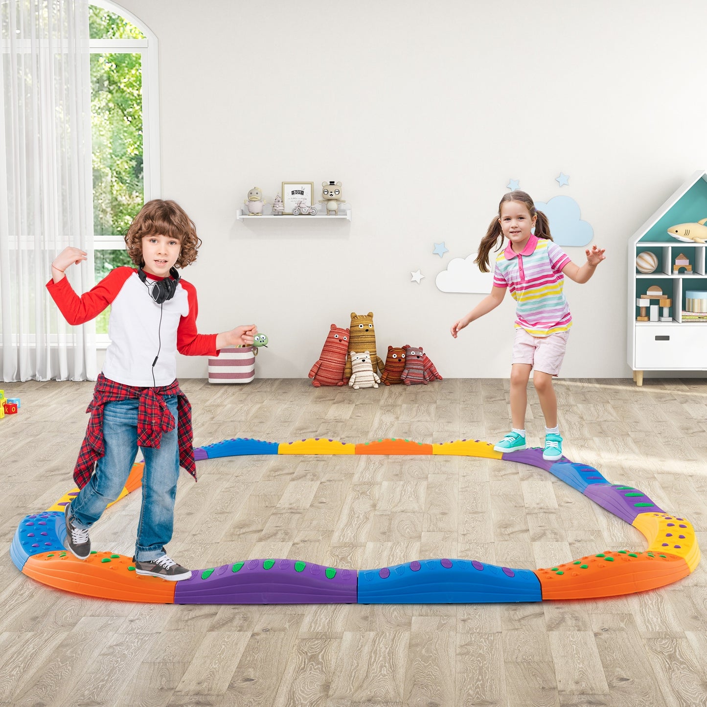 Colorful Kids Wavy Balance Beam with Textured Surface and Non-slip Foot Pads-Blue & Orange Kids Crystal