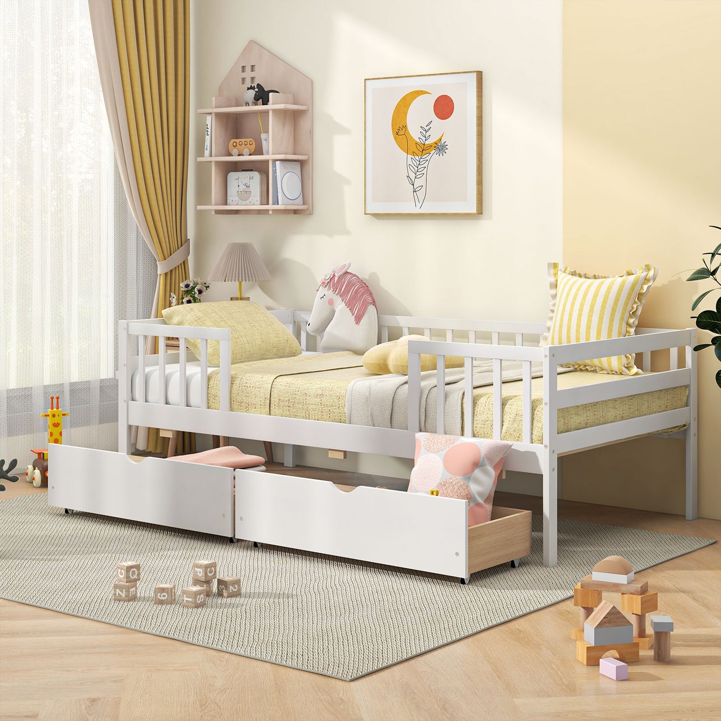 Twin Daybed with Fence and 2 Drawers Kids Bed for Boys & Girls-White Kids Crystal