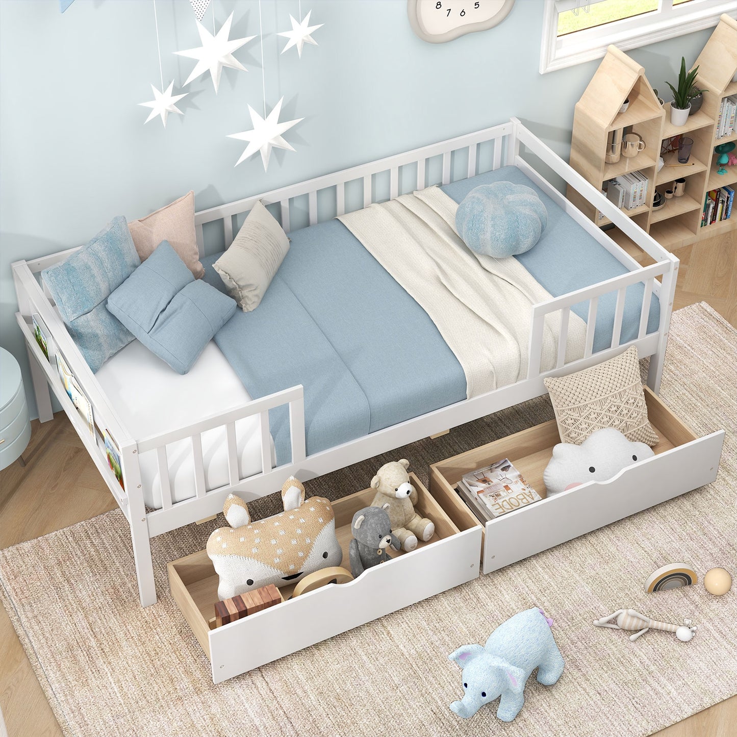 Twin Daybed with Fence and 2 Drawers Kids Bed for Boys & Girls-White Kids Crystal