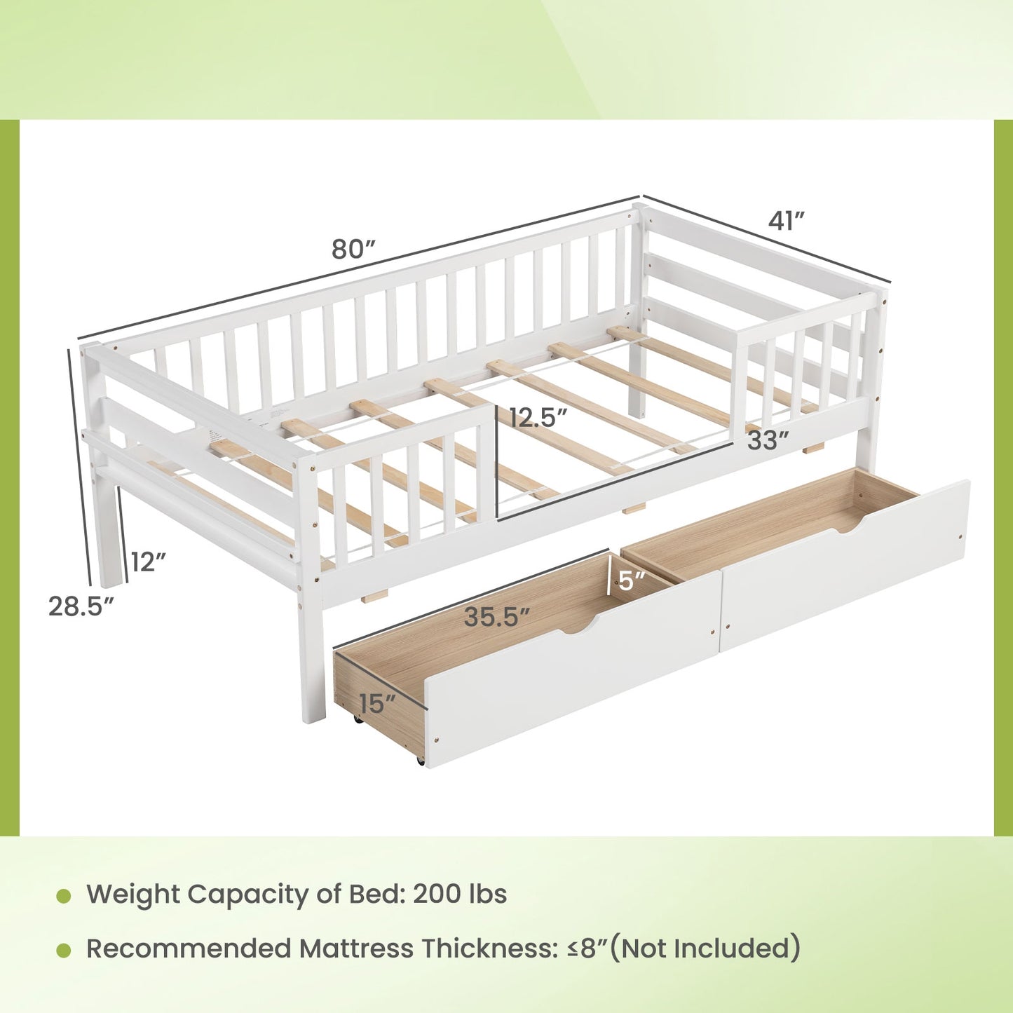 Twin Daybed with Fence and 2 Drawers Kids Bed for Boys & Girls-White Kids Crystal