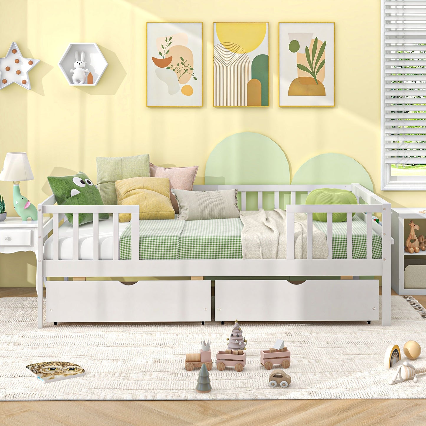 Twin Daybed with Fence and 2 Drawers Kids Bed for Boys & Girls-White Kids Crystal
