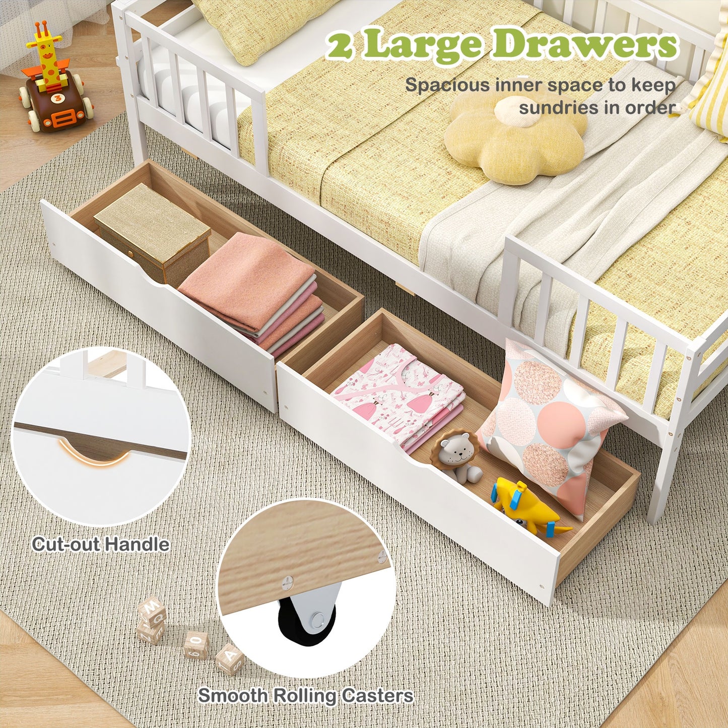 Twin Daybed with Fence and 2 Drawers Kids Bed for Boys & Girls-White Kids Crystal