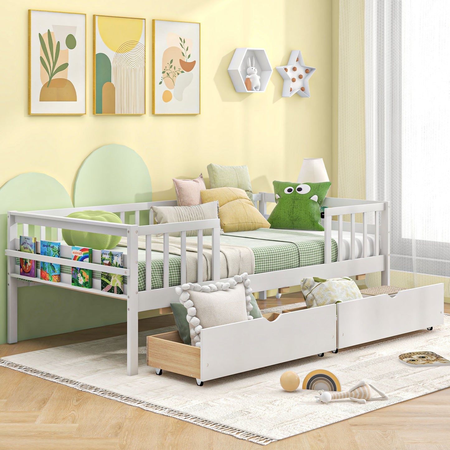 Twin Daybed with Fence and 2 Drawers Kids Bed for Boys & Girls-White Kids Crystal