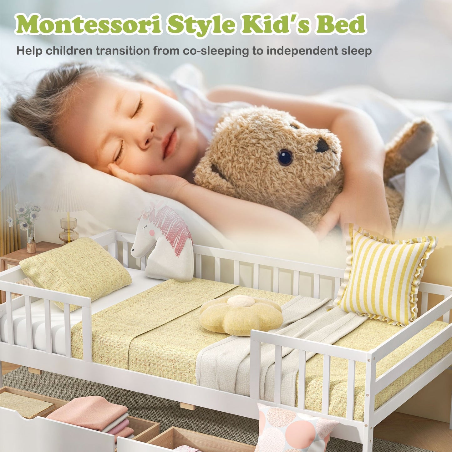 Twin Daybed with Fence and 2 Drawers Kids Bed for Boys & Girls-White Kids Crystal
