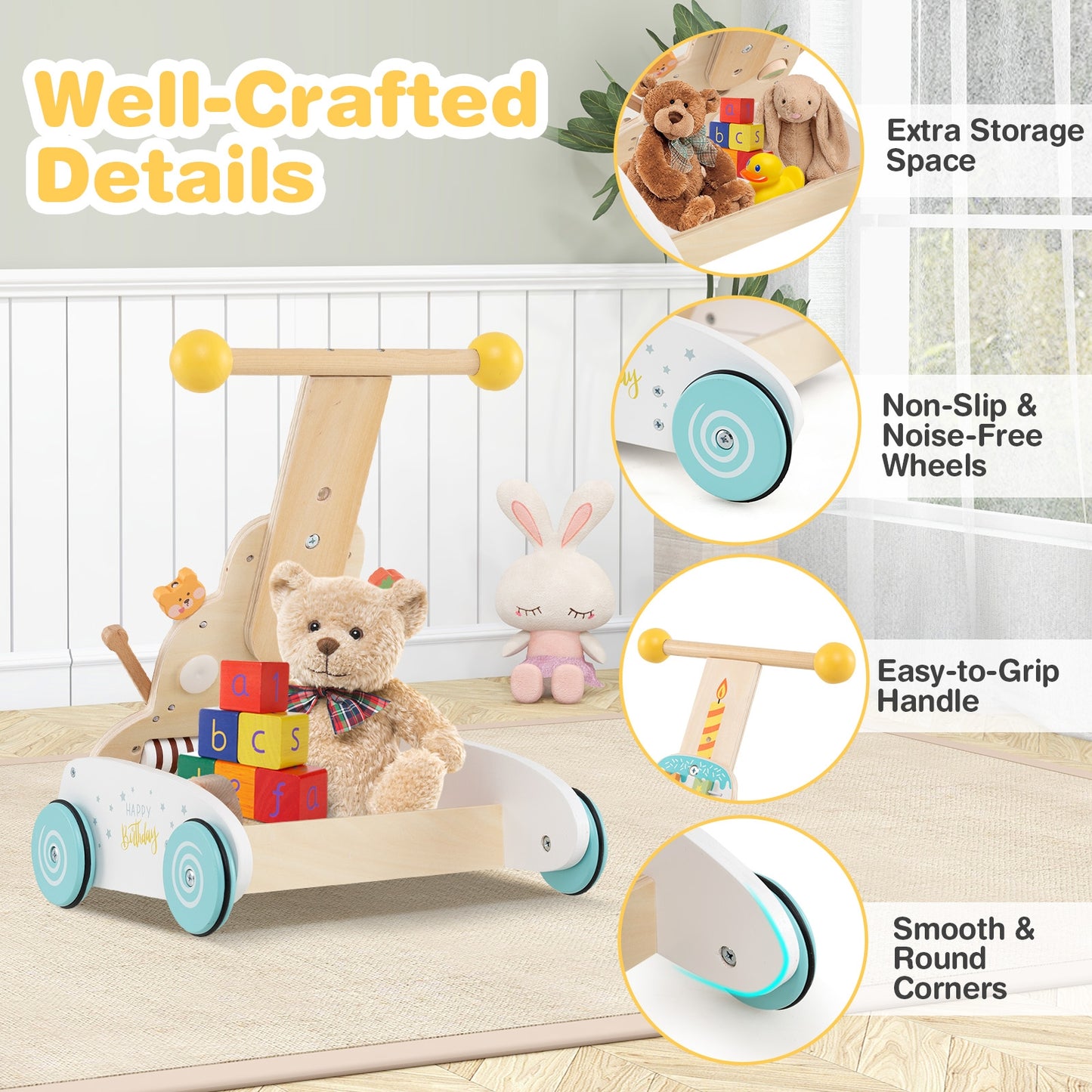Wooden Baby Walker with Adjustable Heights and Smooth Wheels-White Kids Crystal