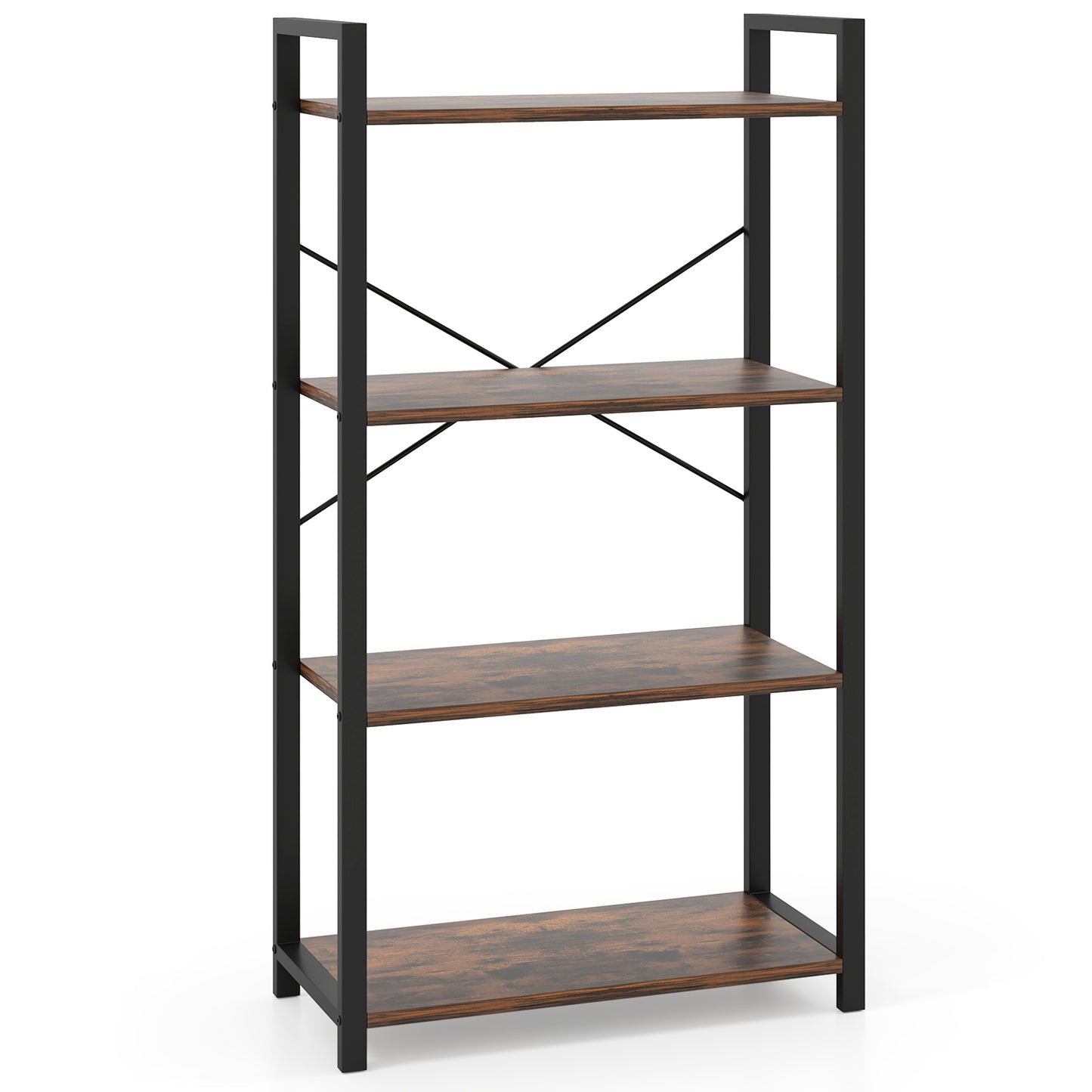 4-Tier Bookshelf with Heavy Duty Metal Frame Industrial Display Shelf-Rustic Brown