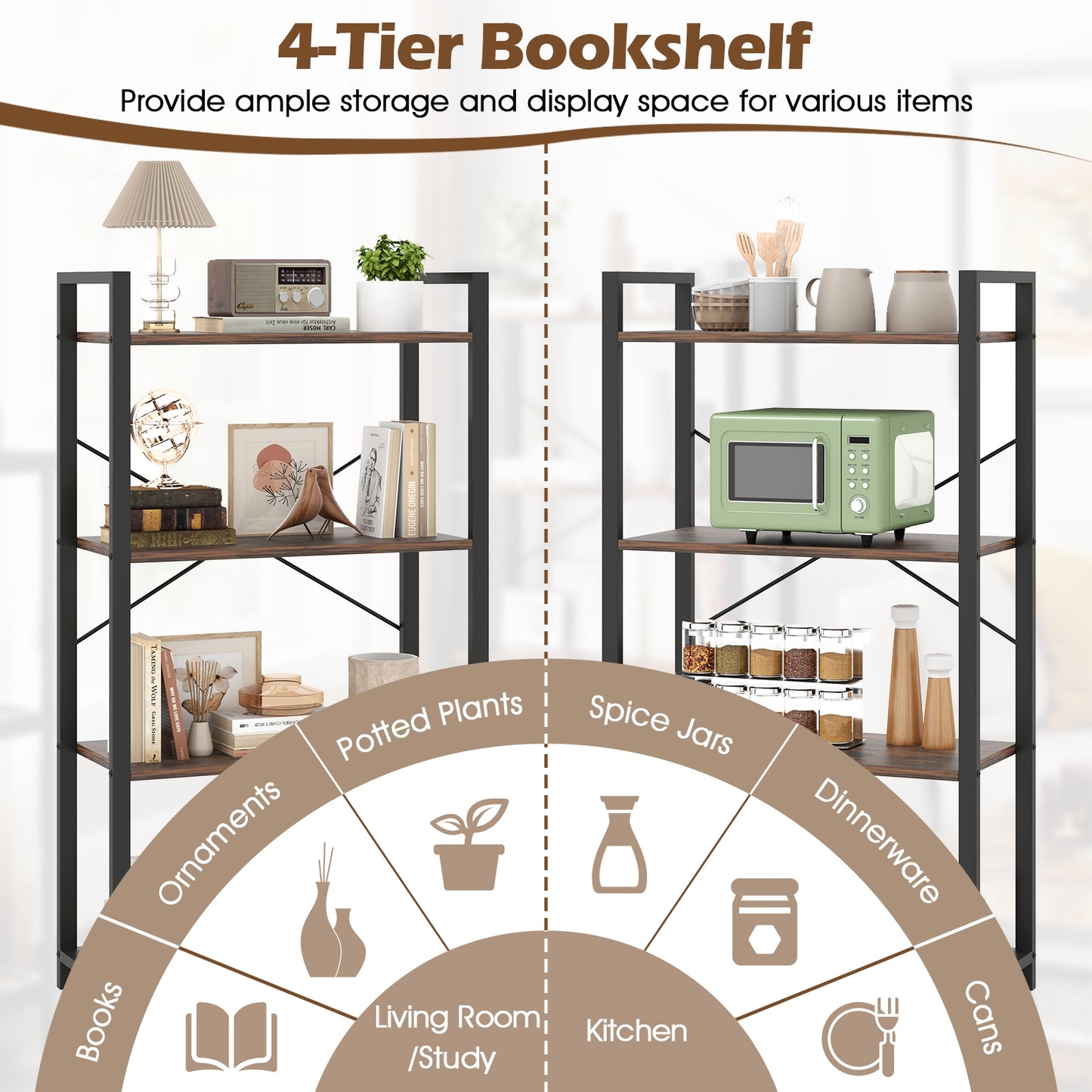 4-Tier Bookshelf with Heavy Duty Metal Frame Industrial Display Shelf-Rustic Brown