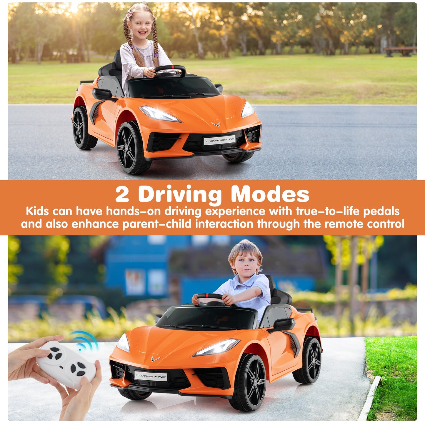 12V Electric Kids Ride On Car Licensed Chevrolet Corvette C8 with Remote Control Ages 3+ Years Old-Orange Kids Crystal