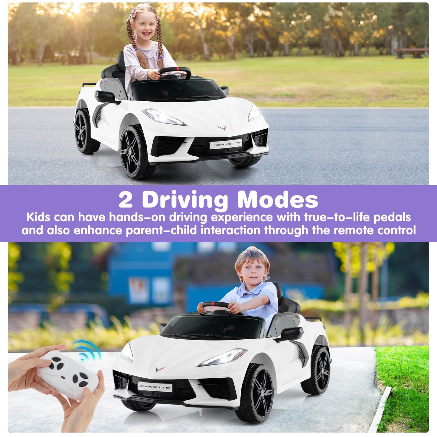 12V Electric Kids Ride On Car Licensed Chevrolet Corvette C8 with Remote Control Ages 3+ Years Old-White Kids Crystal